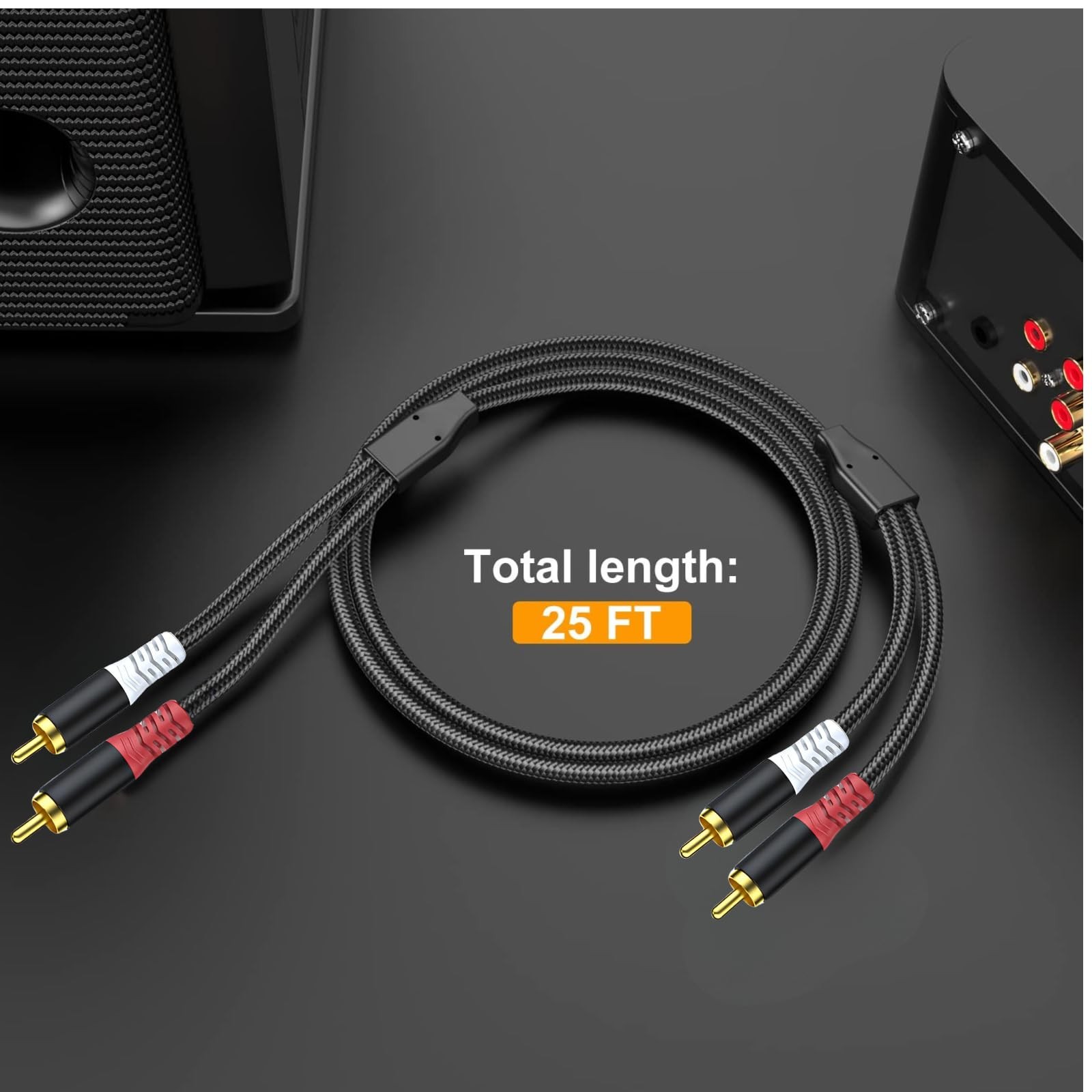HOSONGIN RCA Audio Cable 25FT - Dual Shielded 25FT-1Pack, Black Braid Jacket