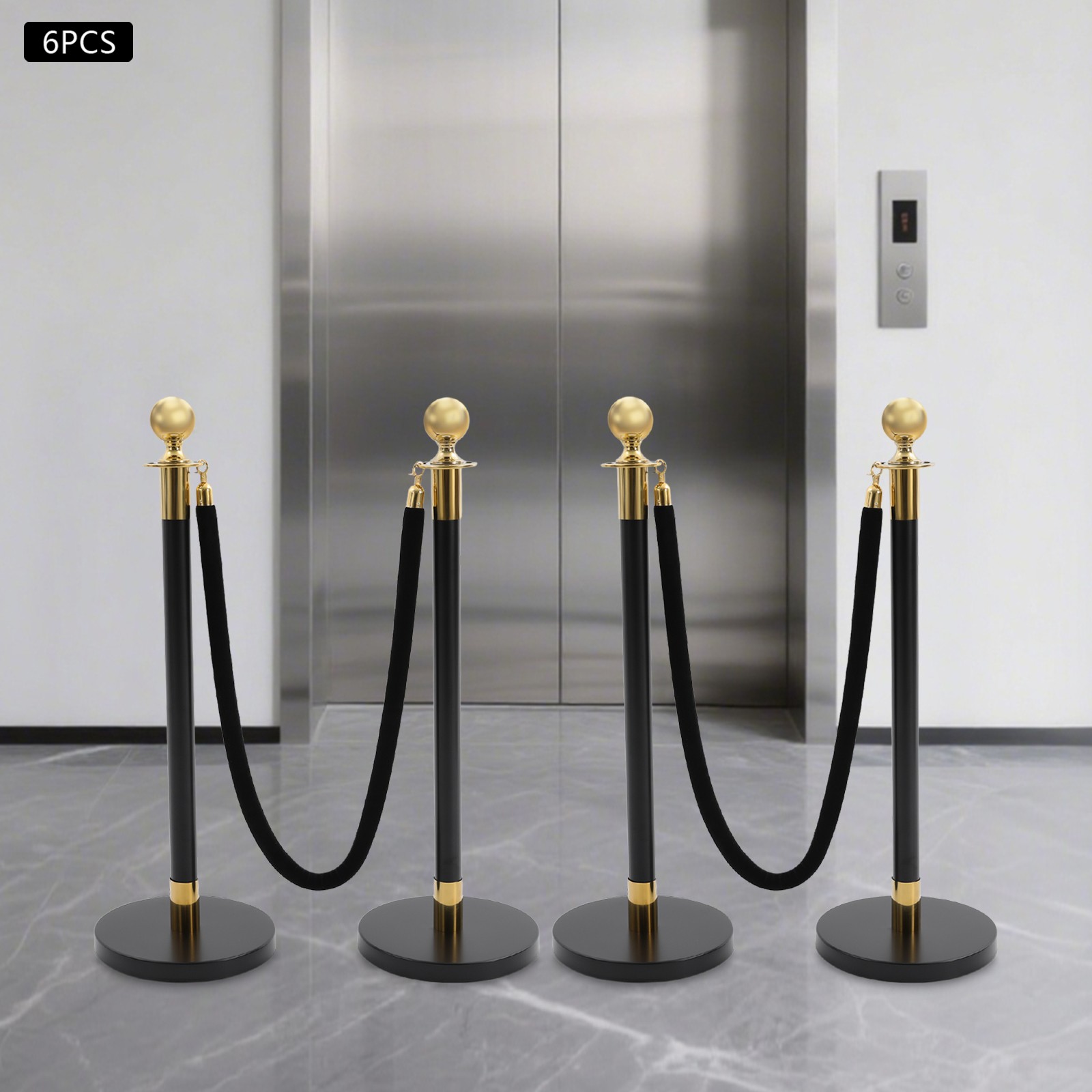 6 PCS Black Stainless Stanchion Posts w/ 4 Ropes Crowd Control Queue Barrier NEW