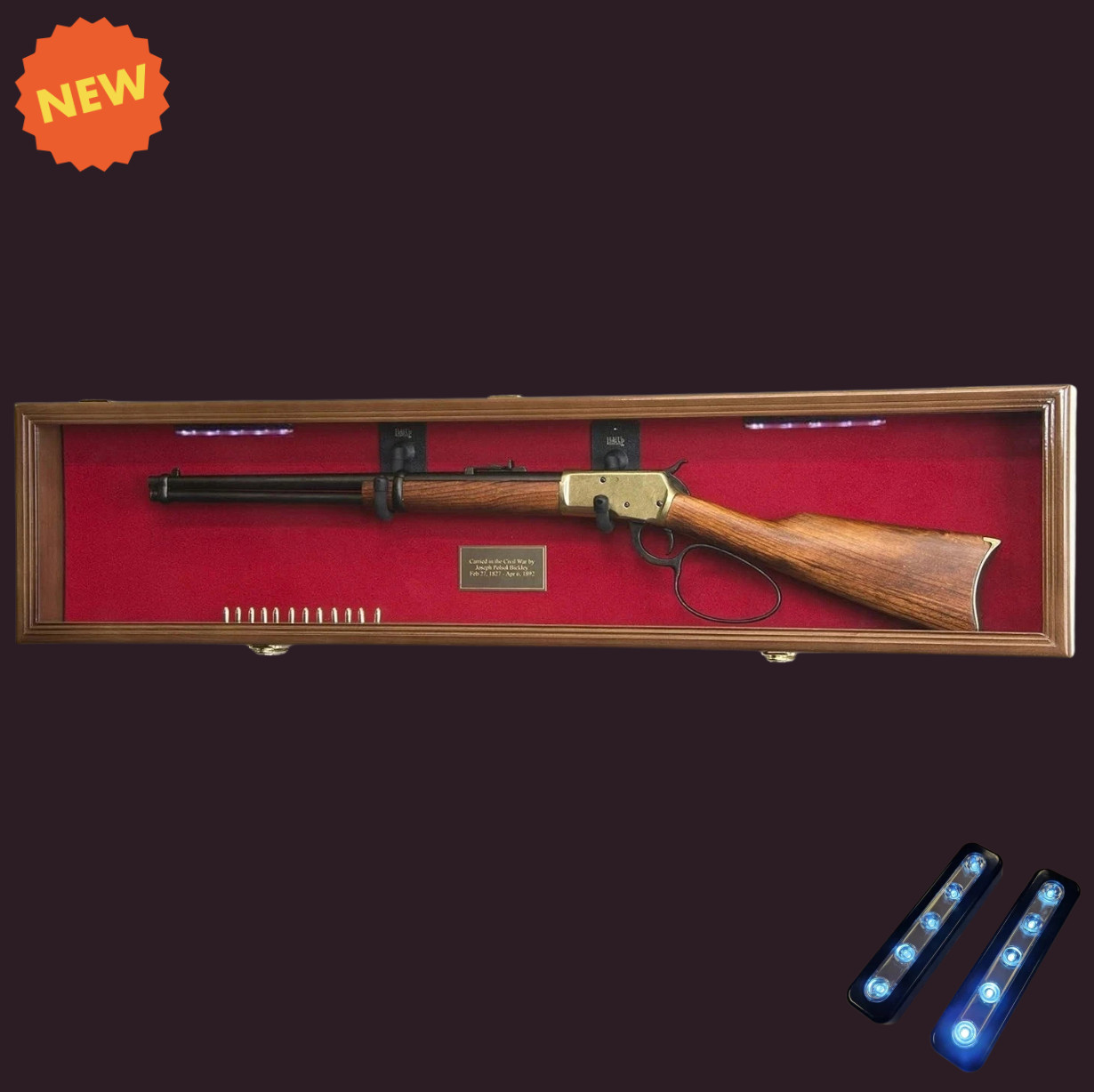 LED Gun Display Case Walnut Wood Shotgun Rifle Frame Lighted Shadow Box Cabinet