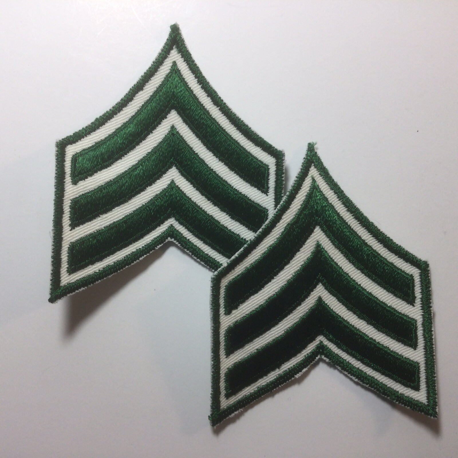 (2) Sergeant Chevron - 3 FOREST GREEN Stripes on White Twill Patch -Green Border