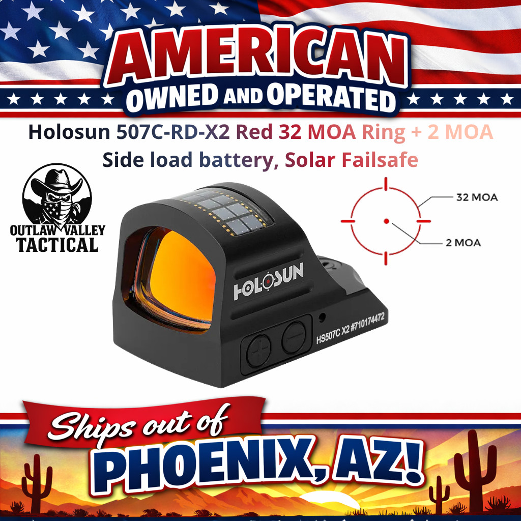 Holosun 507C-RD-X2 Red 32 MOA Ring + 2 MOA Side load battery, Solar Failsafe