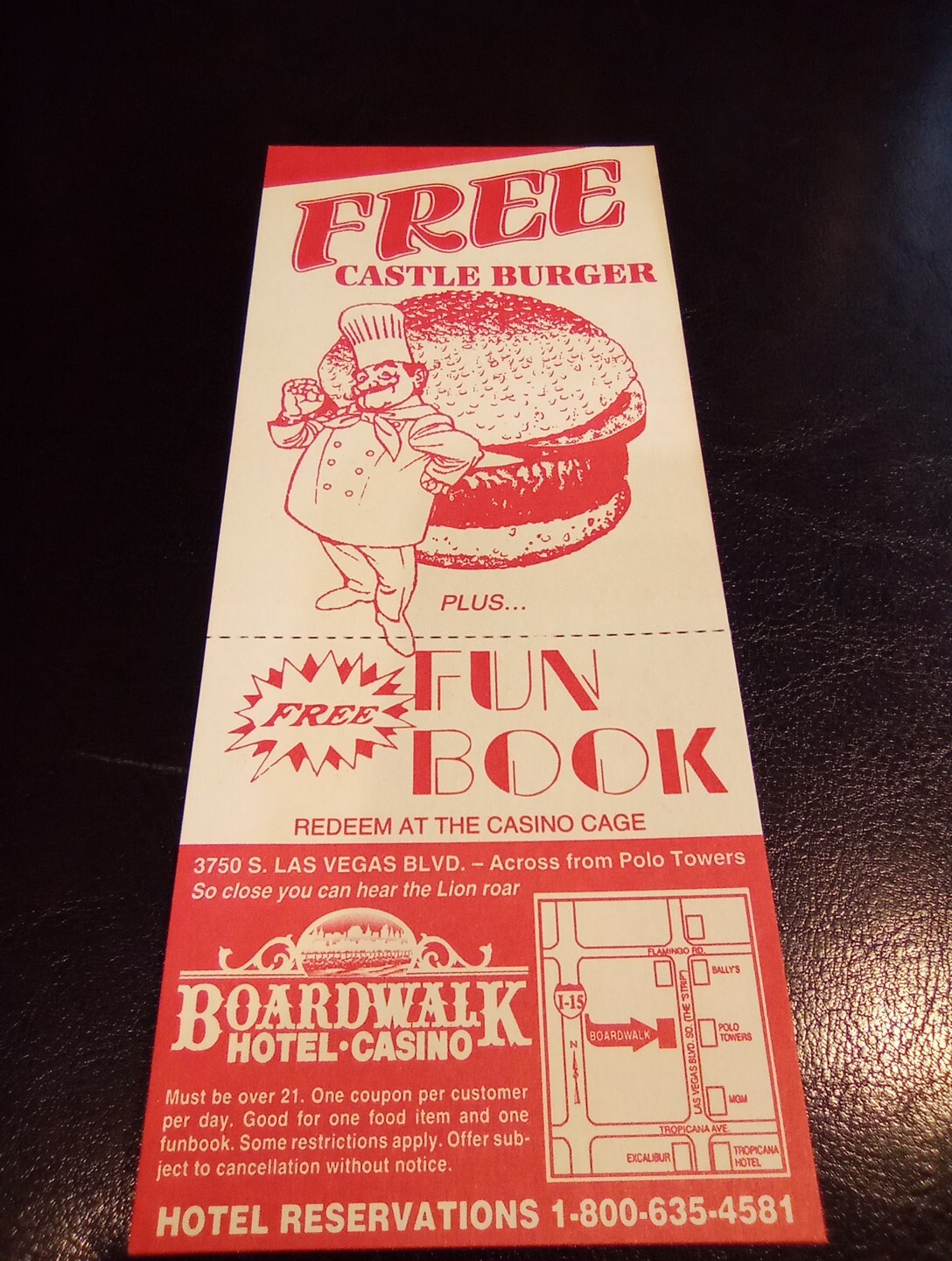 BOARDWALK CASINO LAS VEGAS NEVADA FREE CASTLE BURGER FLYER GREAT FOR COLLECTION!