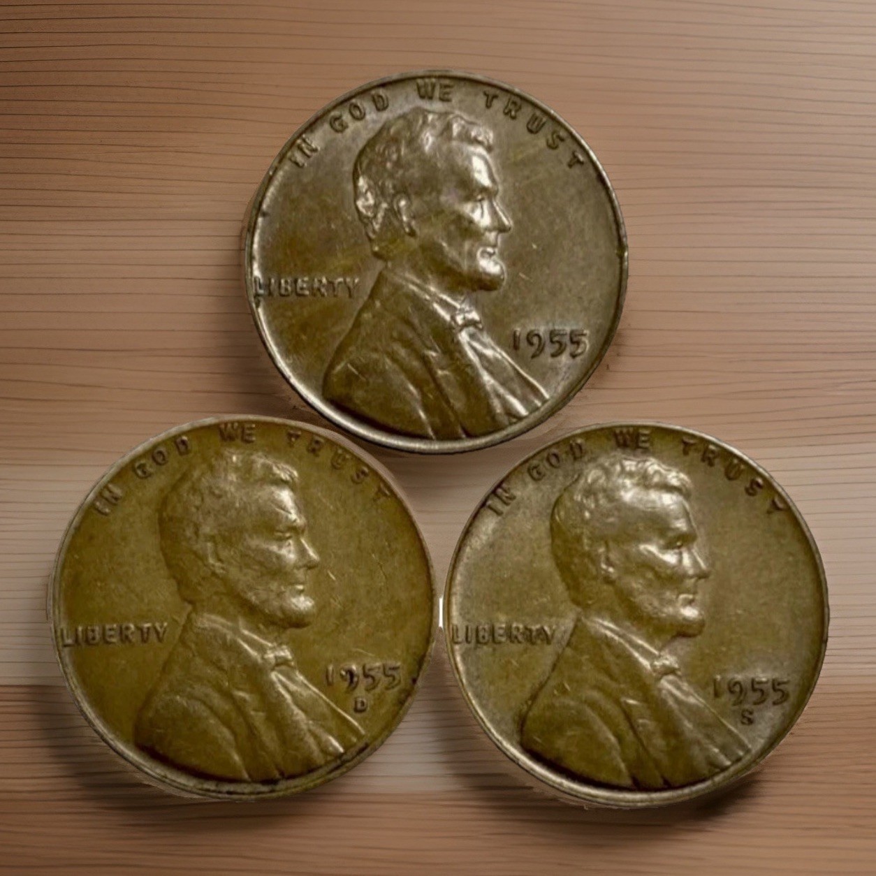 1955 P D S Lincoln Wheat Cents (3) Coins Average Circulated/Better  FAST S&H