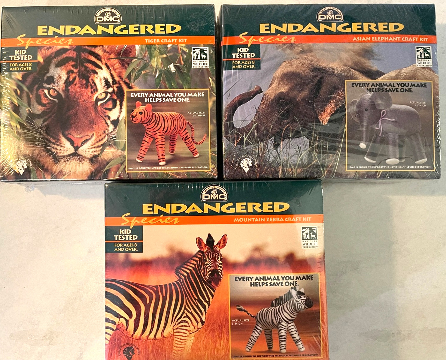 DMC Endangered Species Craft Kits (3) Zebra/Tiger/Elephant - Unopened VTG!