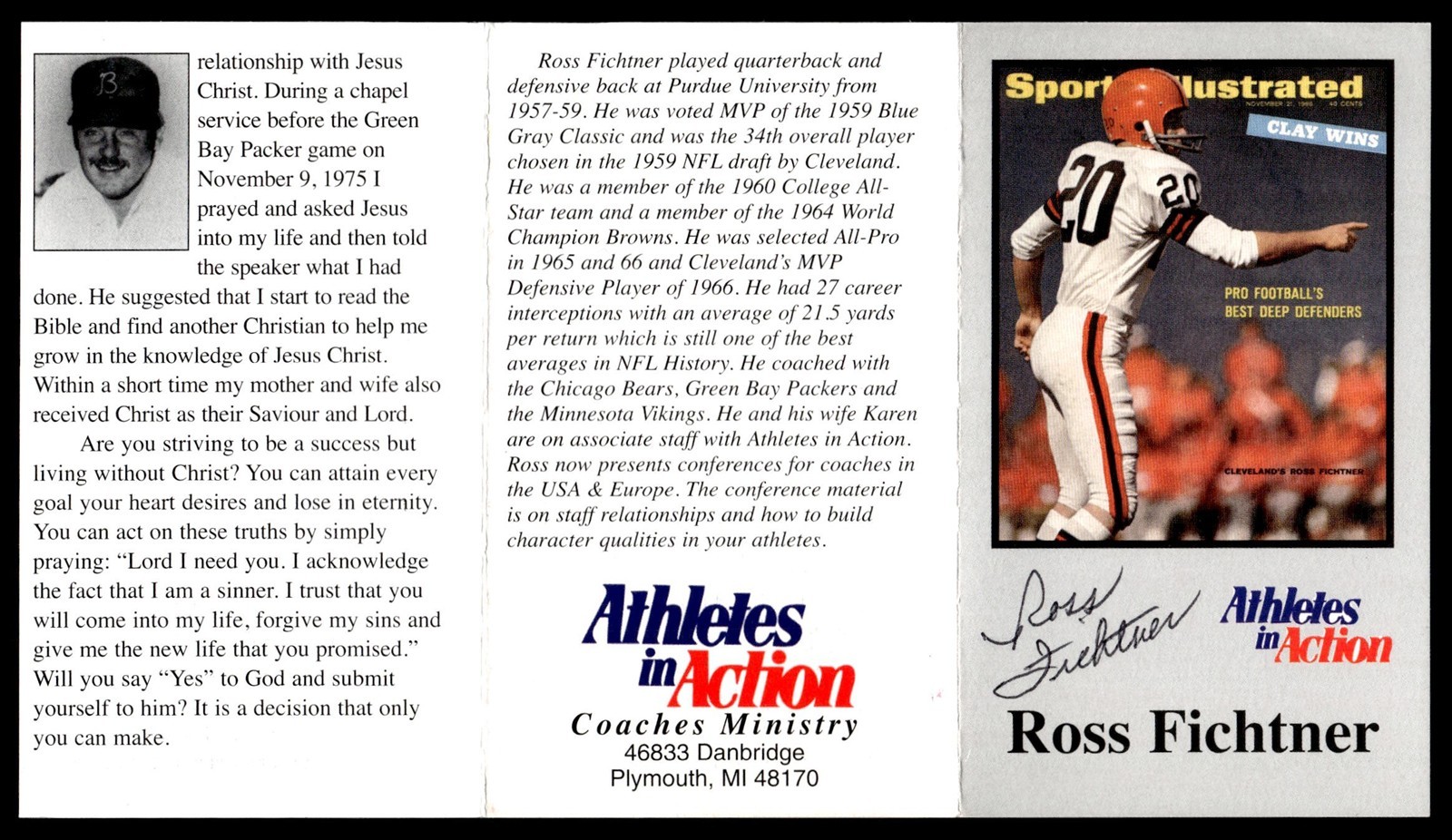 Ross Fichtner Browns Football Signed Christian Athletes Action Auto *TT163
