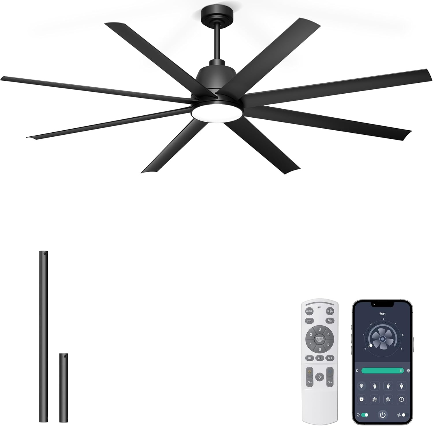 72" Smart Ceiling Fan with Light, Remote & App Control, 6 Speed, Black