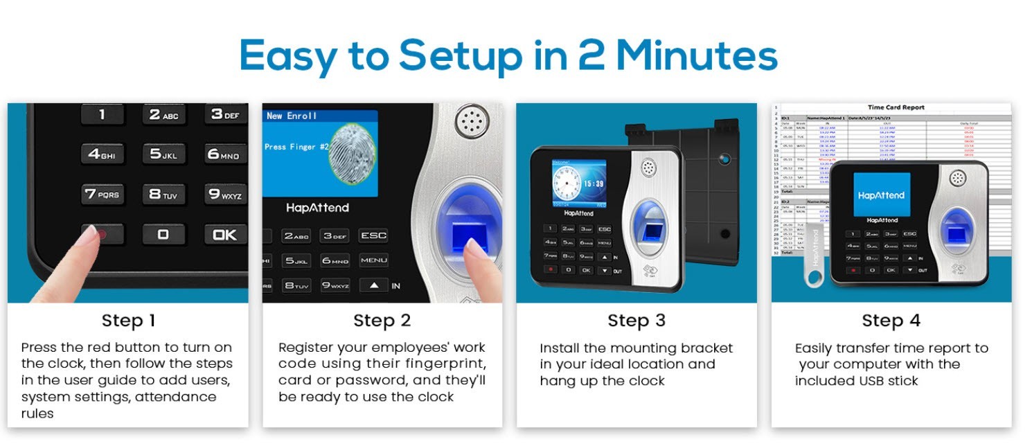 H3 Fingerprint Time Clock, Standalone Auto Hour Calculation, Biometric, + RFID