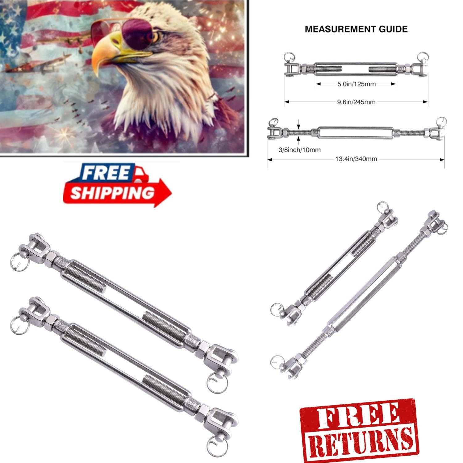 Corrosion-Resistant Turnbuckles 3/8 Inch M10 - 1200 lbs Tensioning - Set of 2