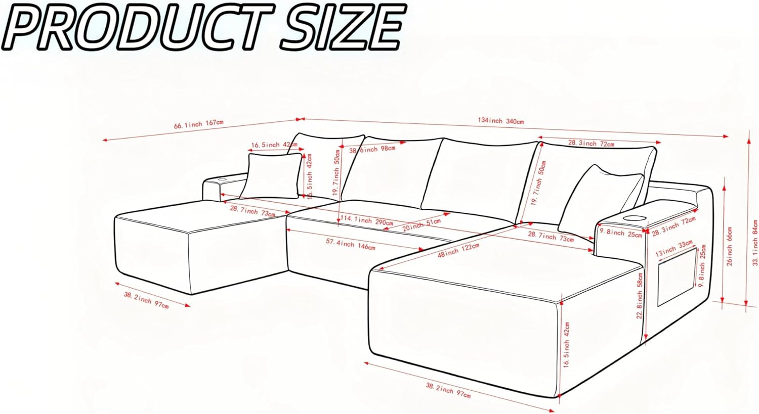 134" U-Shaped Modular Sofa with Cup Holders & Pockets - No Assembly, Black