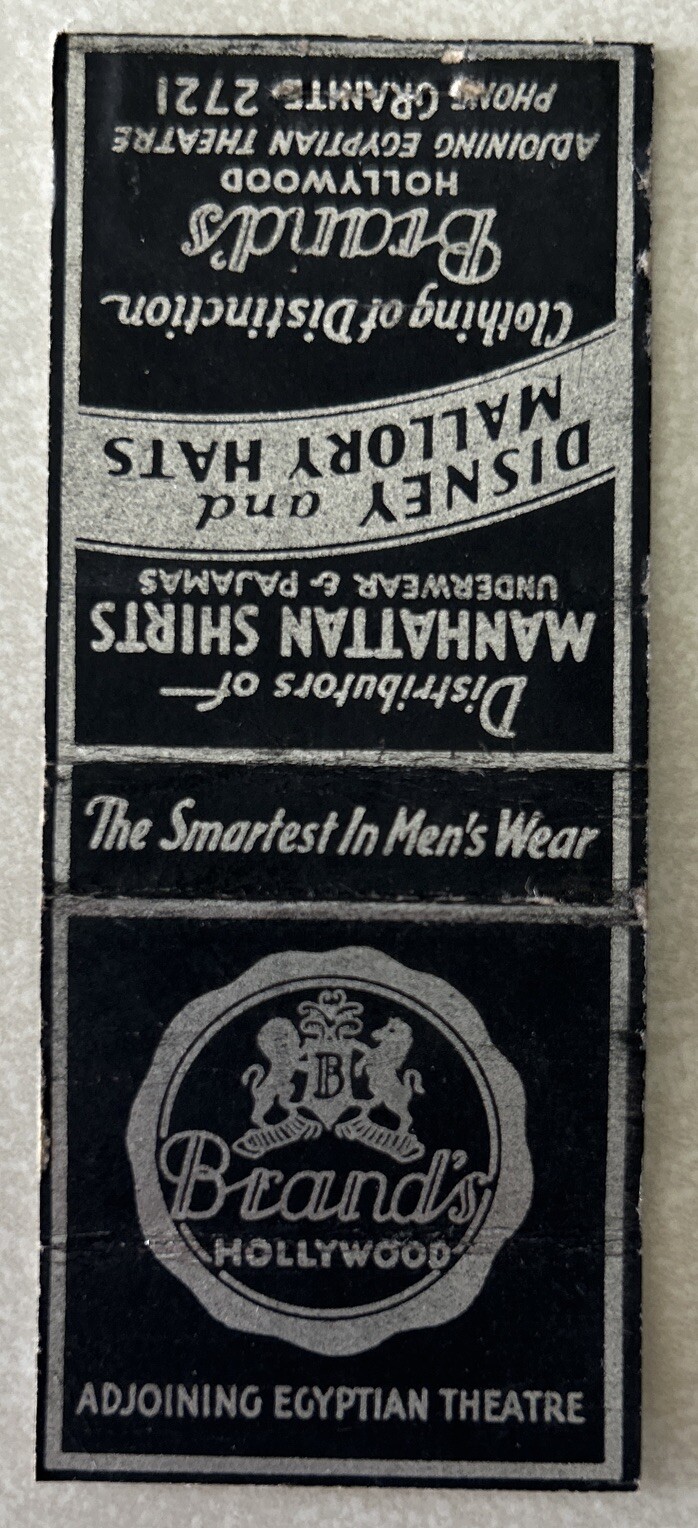VINTAGE BRAND’S HOLLYWOOD MEN’S WEAR MATCHBOOK COVER, ADJOINING EGYPTIAN THEATRE