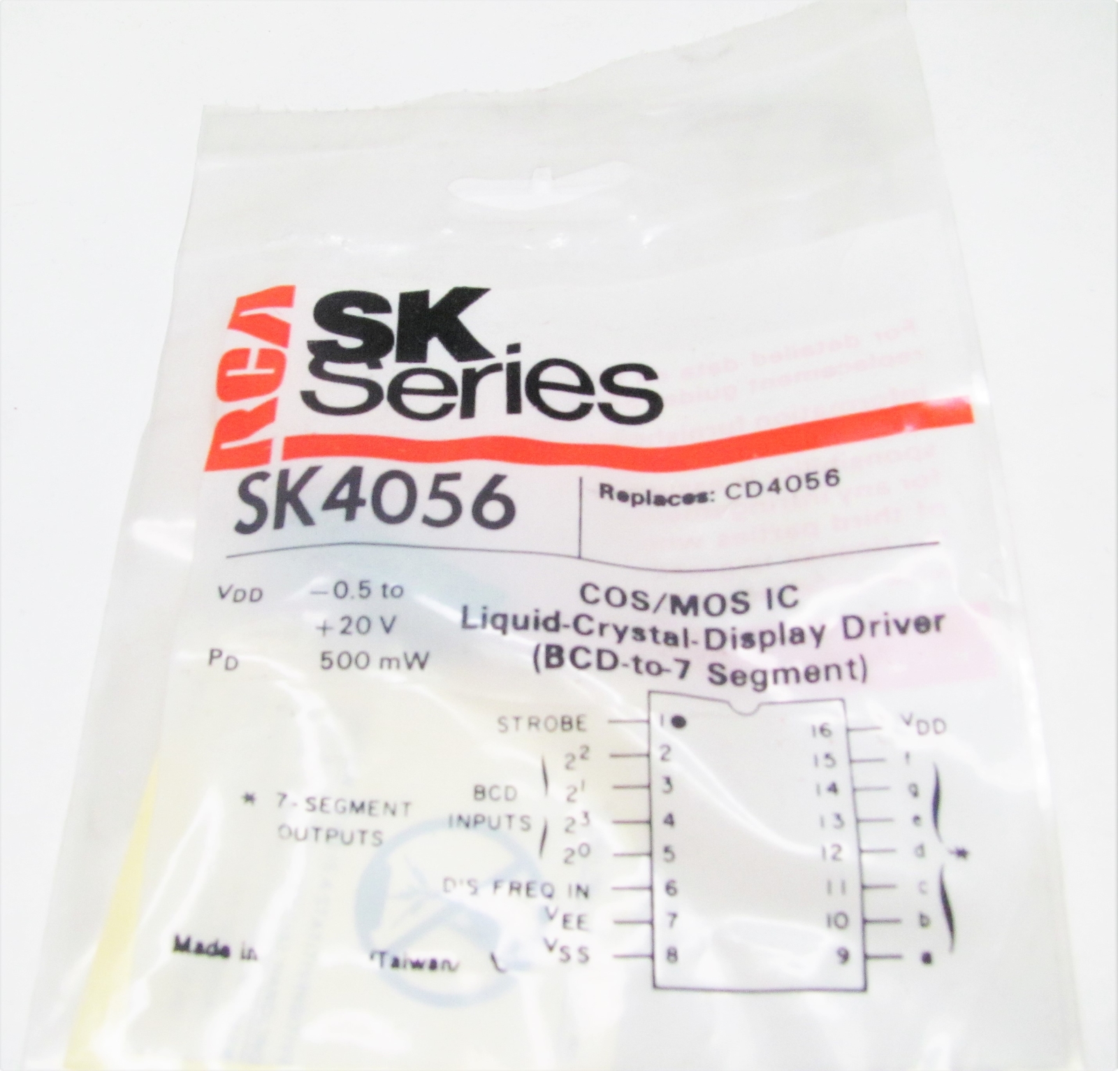 RCA SK4056 - BCD to 7-Segment Decoder/Driver CMOS 16-Lead DIP IC, NOS NTE4056B