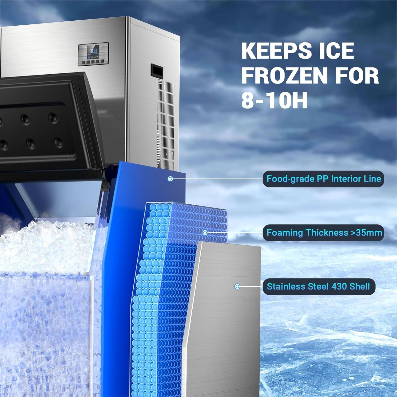 680lbs/24H Commercial Ice Maker Machine 1030W SECOP Compressor Large Storage Bin