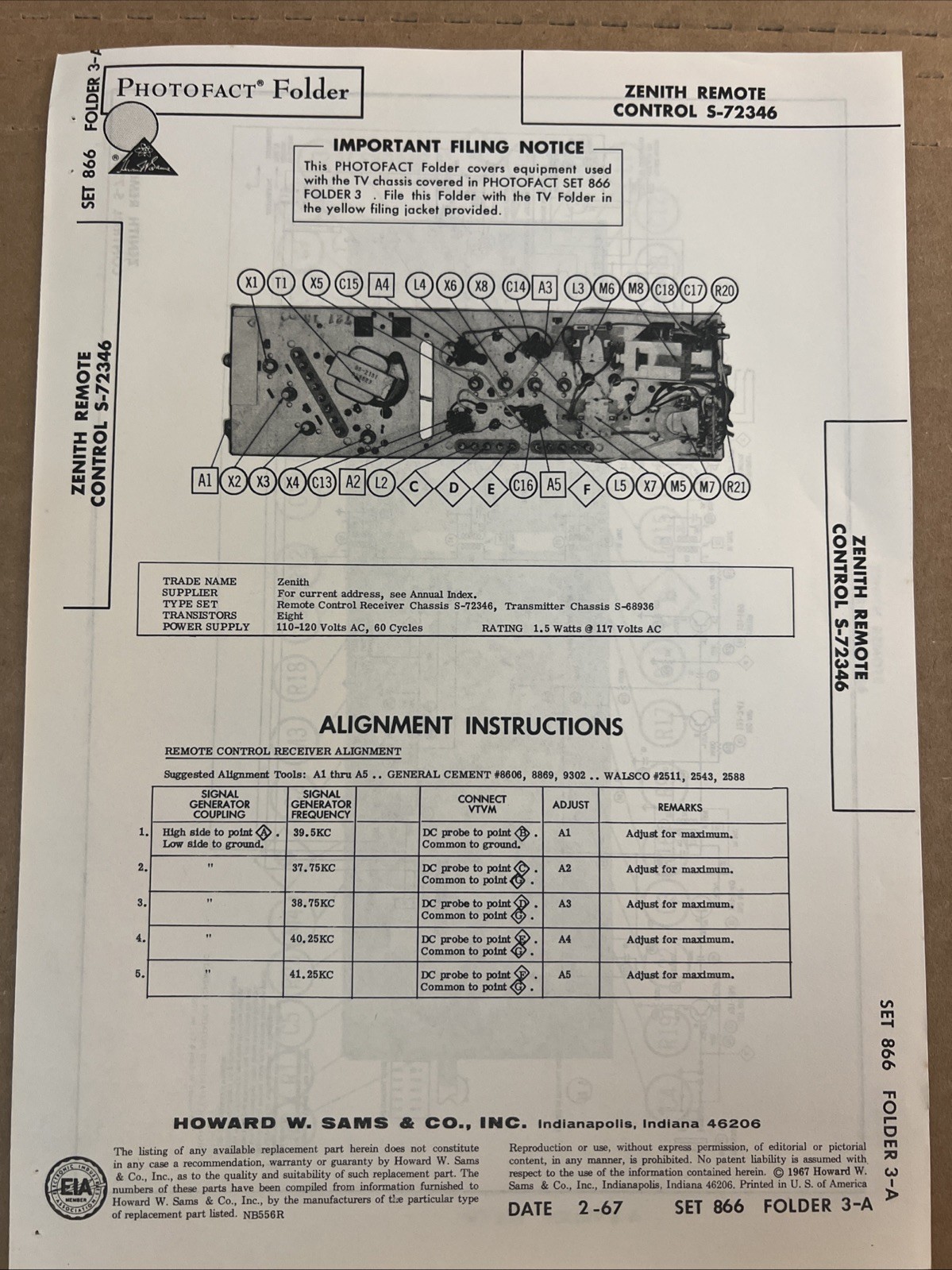 Vintage Sams Photofact Schematic 2-1967 ZENITH REMOTE CONTROL S-72346