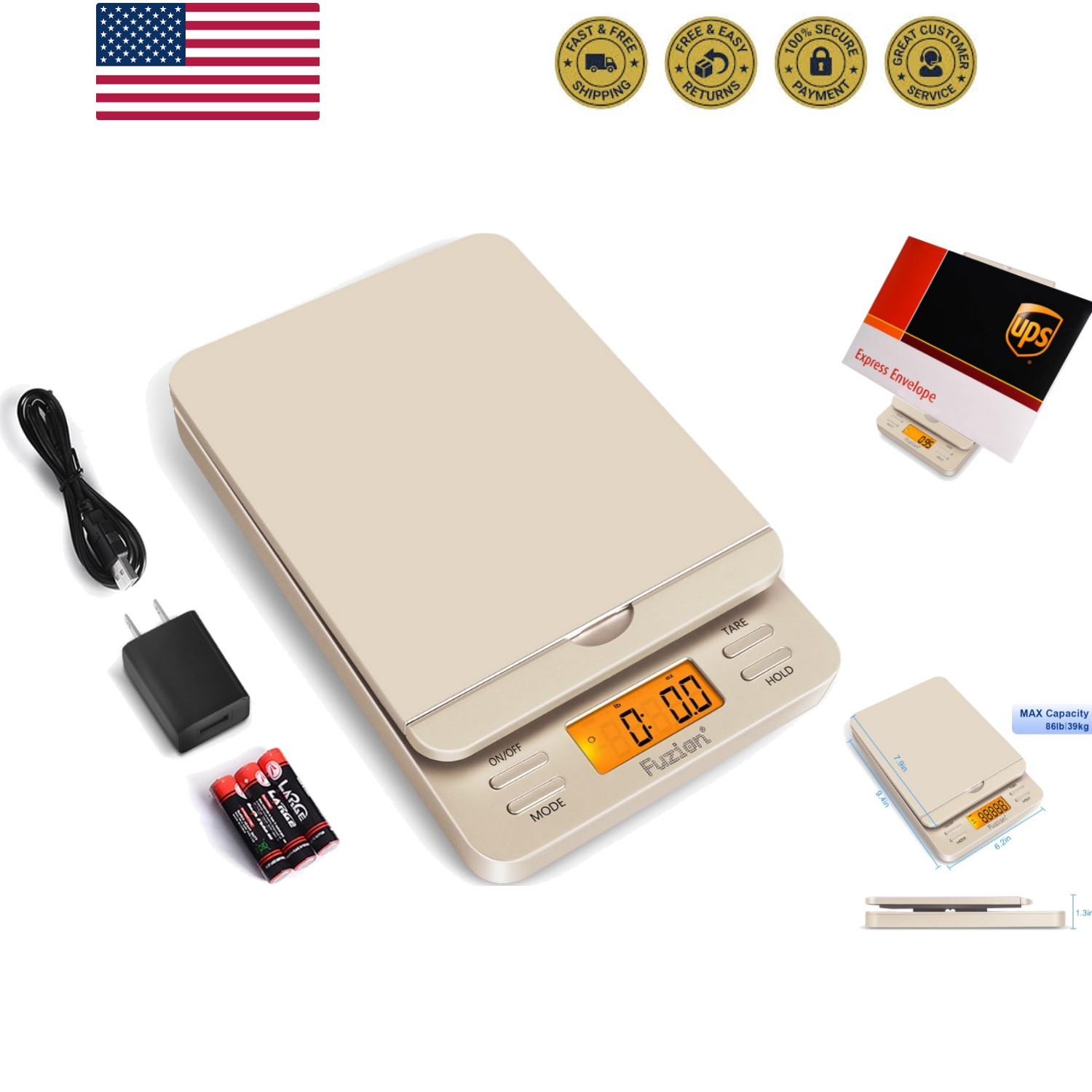 Shipping Scale, 86 lb/0.1oz Digital Postal Scale for Packages, Hold and Tare,...
