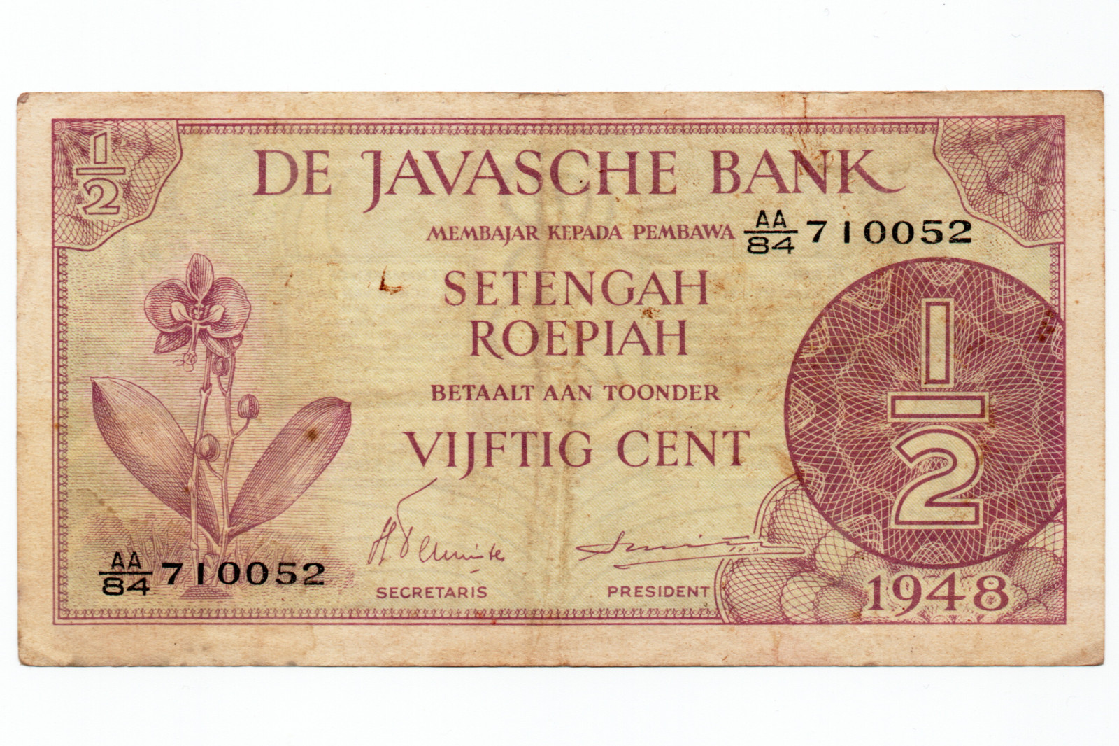 Banknote P#97 Netherlands Indies 1/2 Gulden Rupiah 1948 Fine