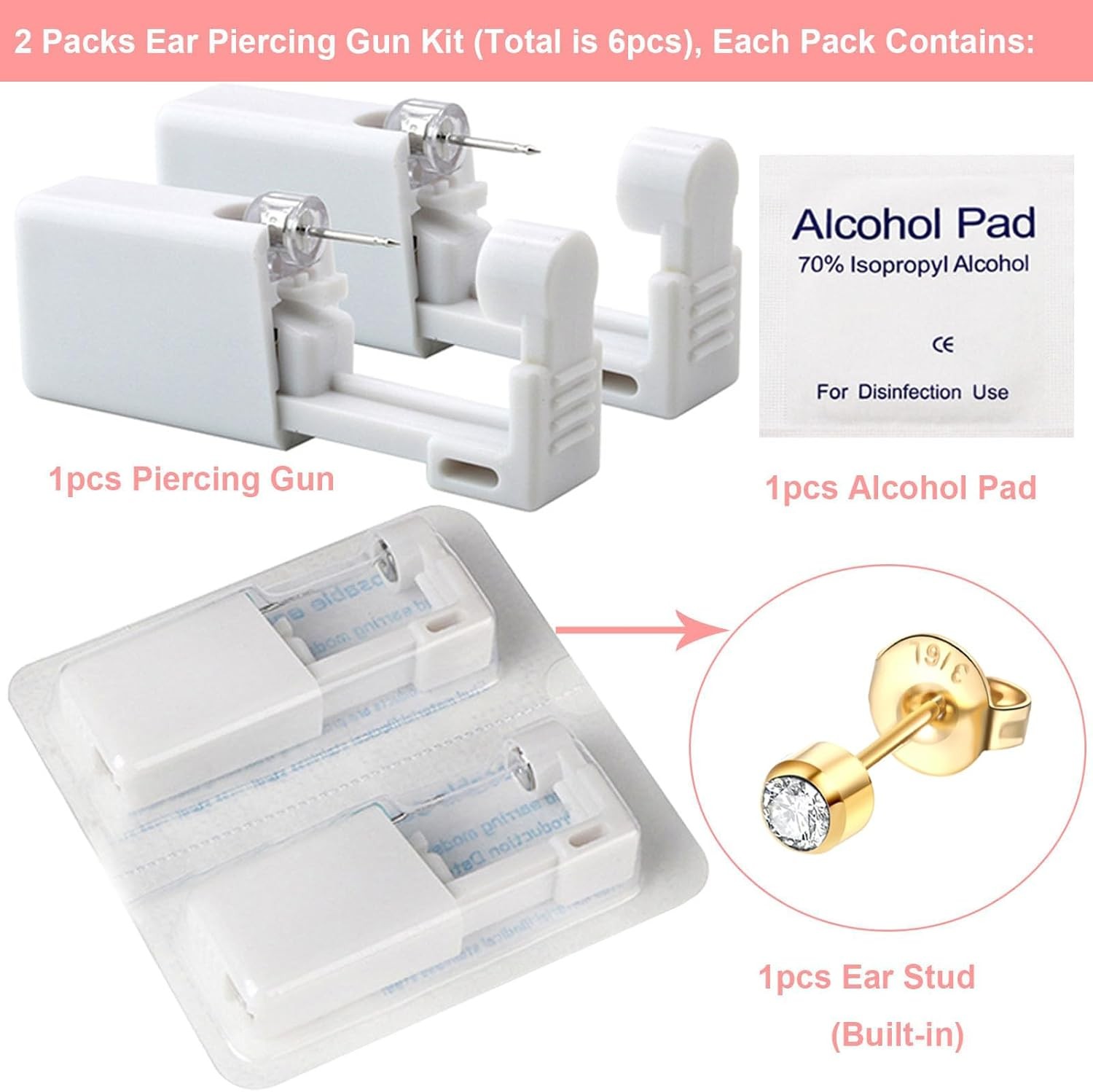 Ear Piercing Gun Kit 6Pcs Disposable Including 2Pcs Gold231