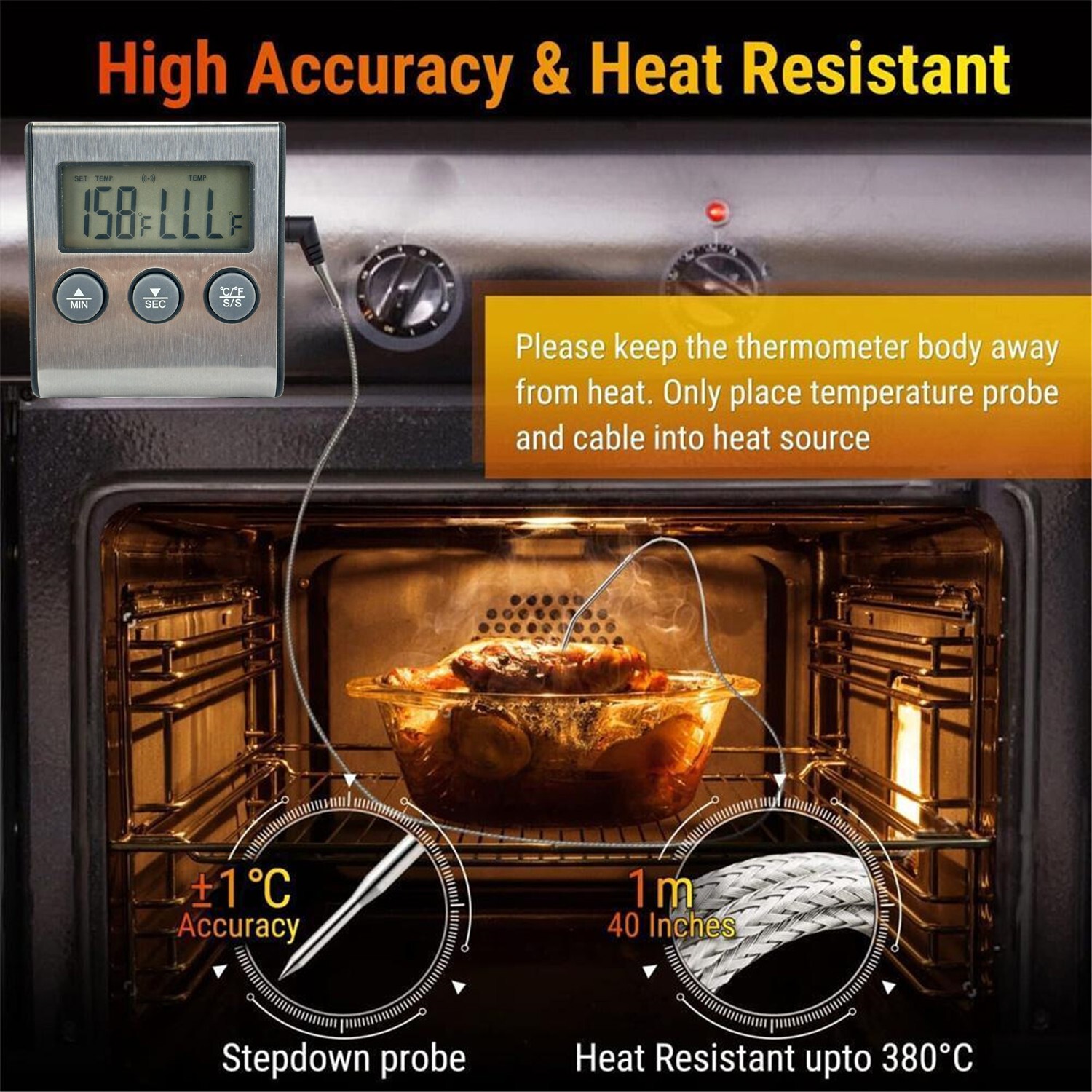 Remote Kitchen Digital Cooking Thermometer Probe Meat Food Temperature w/Timer