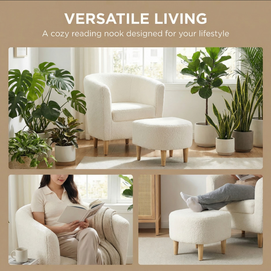 Arm Chair Lambswool fabric Accent Upholstered Single Sofa W/Ottoman Living Room