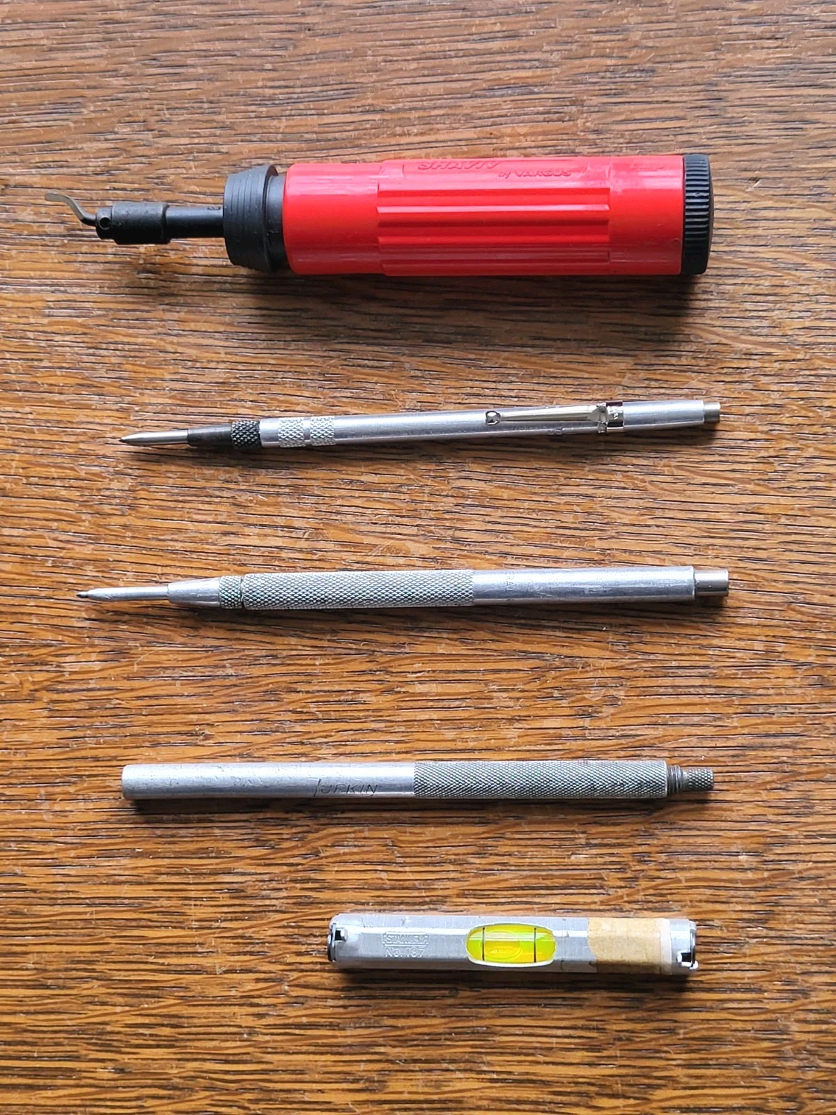 (5) Pocket Tools- (2) Scribers/ Magnetic Tool/Stanley Level/Shaviv Deburr Tool