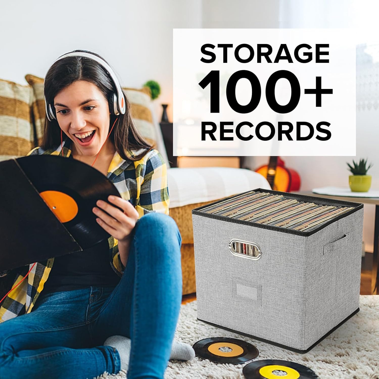 Vinyl Record Storage Box Hold 100+ 12" Albums Stackable LP Storage Bin with Lid