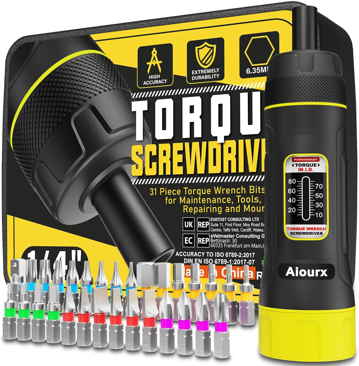 Torque Screwdriver Set, 10-80 Inch Pounds Lbs, 31 Piece 1/4" Drive Torque Screwd