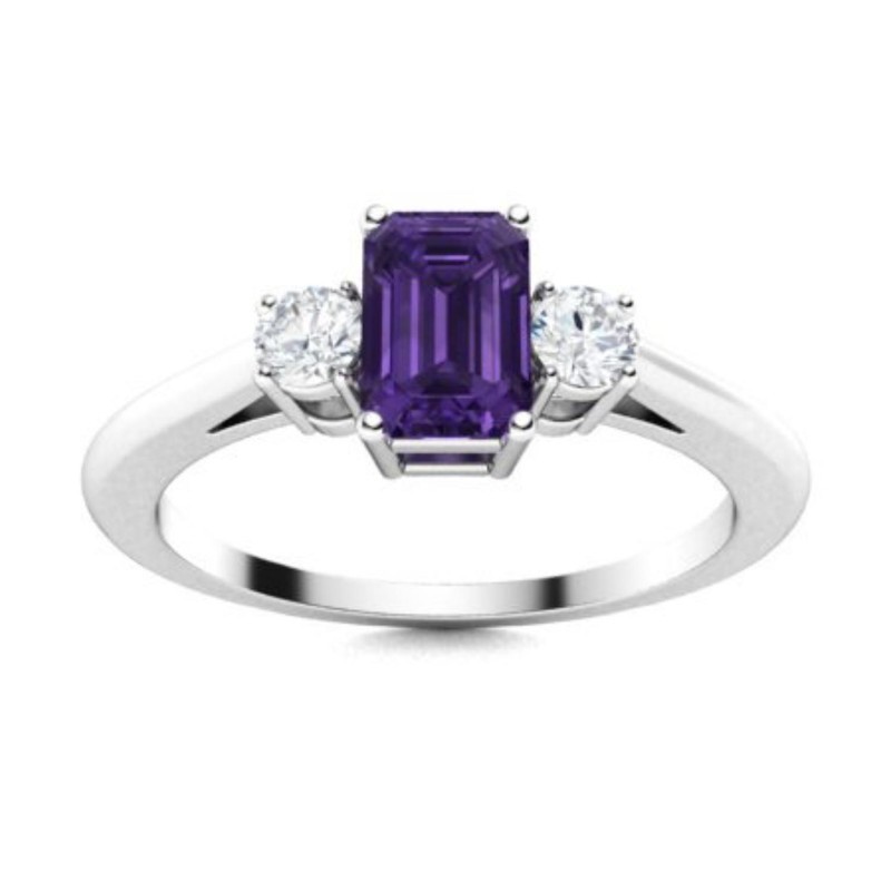 Amethyst Gemstone February Birth Wedding Three-Stone Ring Sterling Silver
