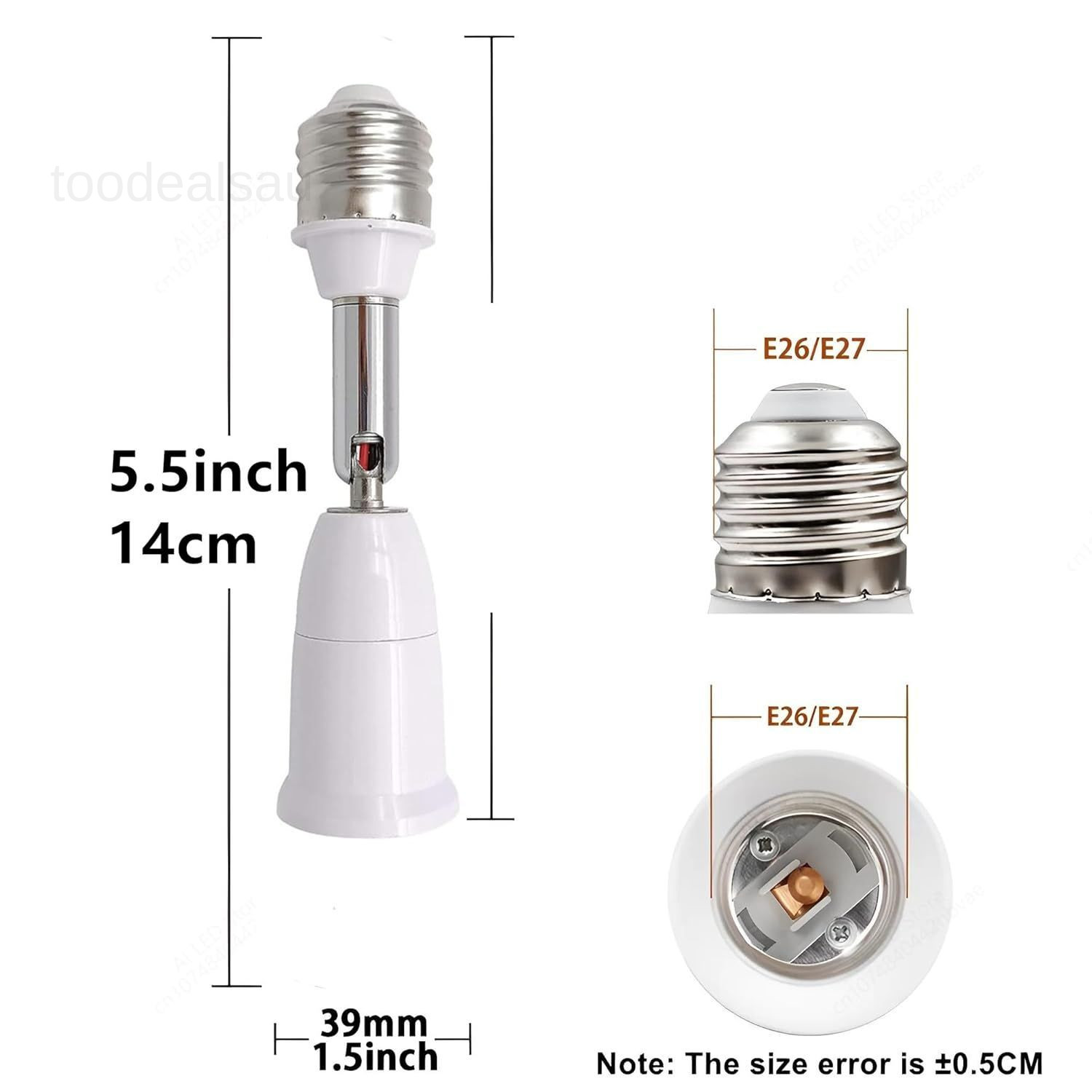 E26/E27 Light Socket Extender, 4.5 Inch Extension white