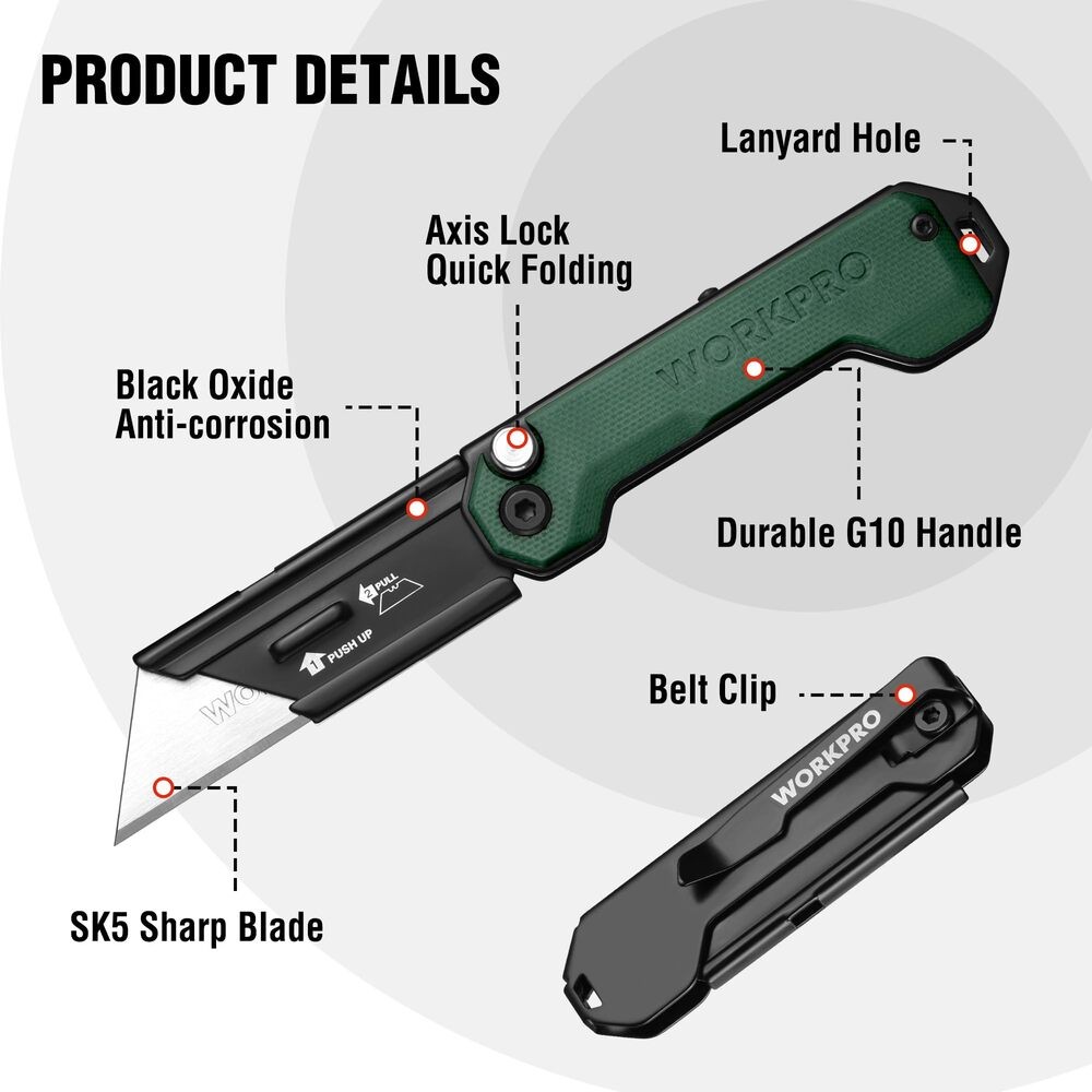 WORKPRO 3PCS Folding Utility Knife Box Cutter G10 Handle Axis Quick Change Blade