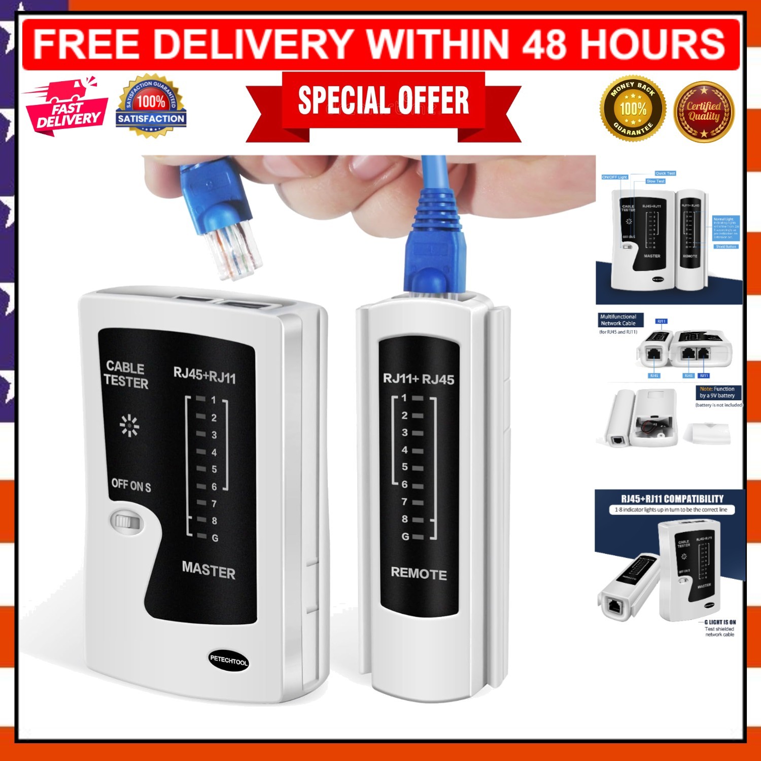 Versatile Ethernet & Telephone Line Tester - Fast Results with Easy LED Readout