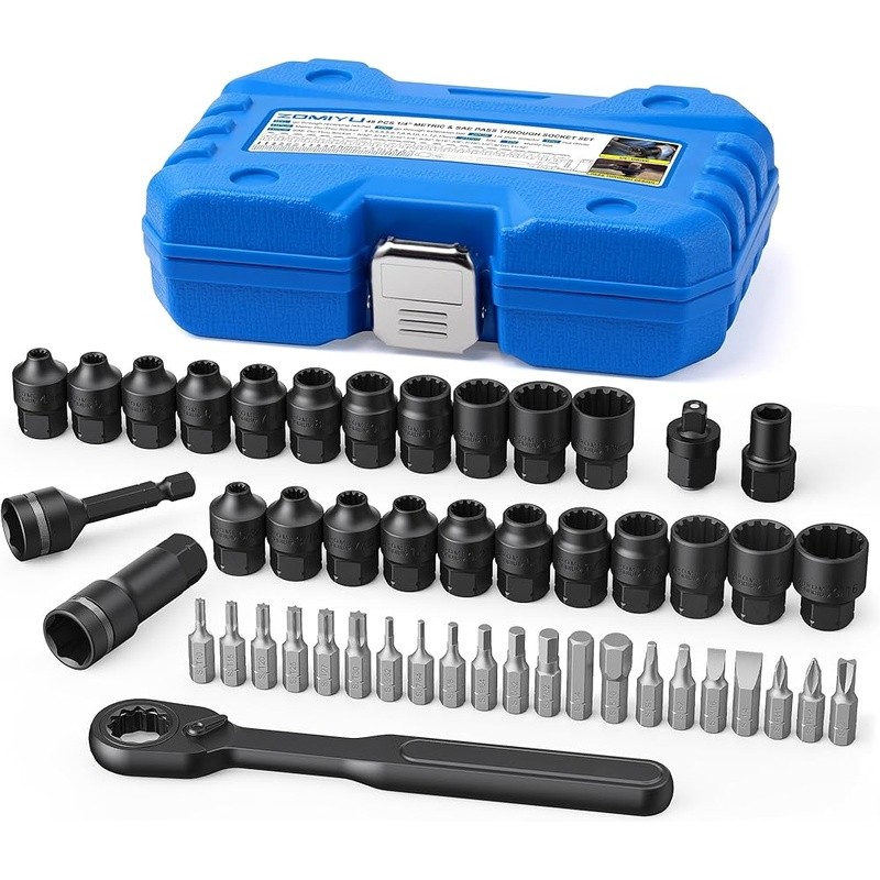 Pass-Through Socket Set Spline Ratchet Tool Kit 72-Tooth Metric SAE 48 Pieces US