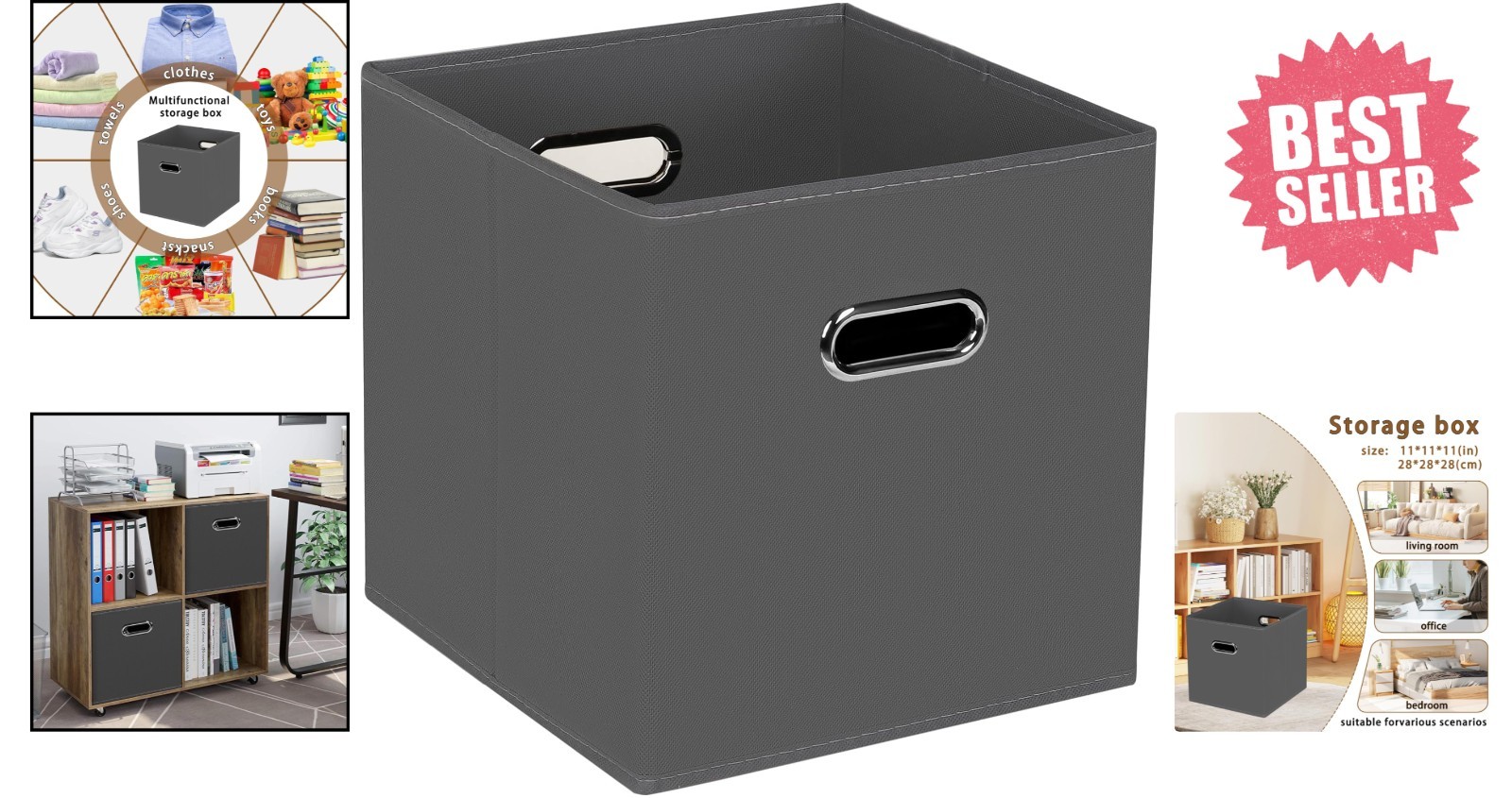 Space-Saving Grey Fabric Bins - Multi-Purpose 11x11x11 Containers with Handles