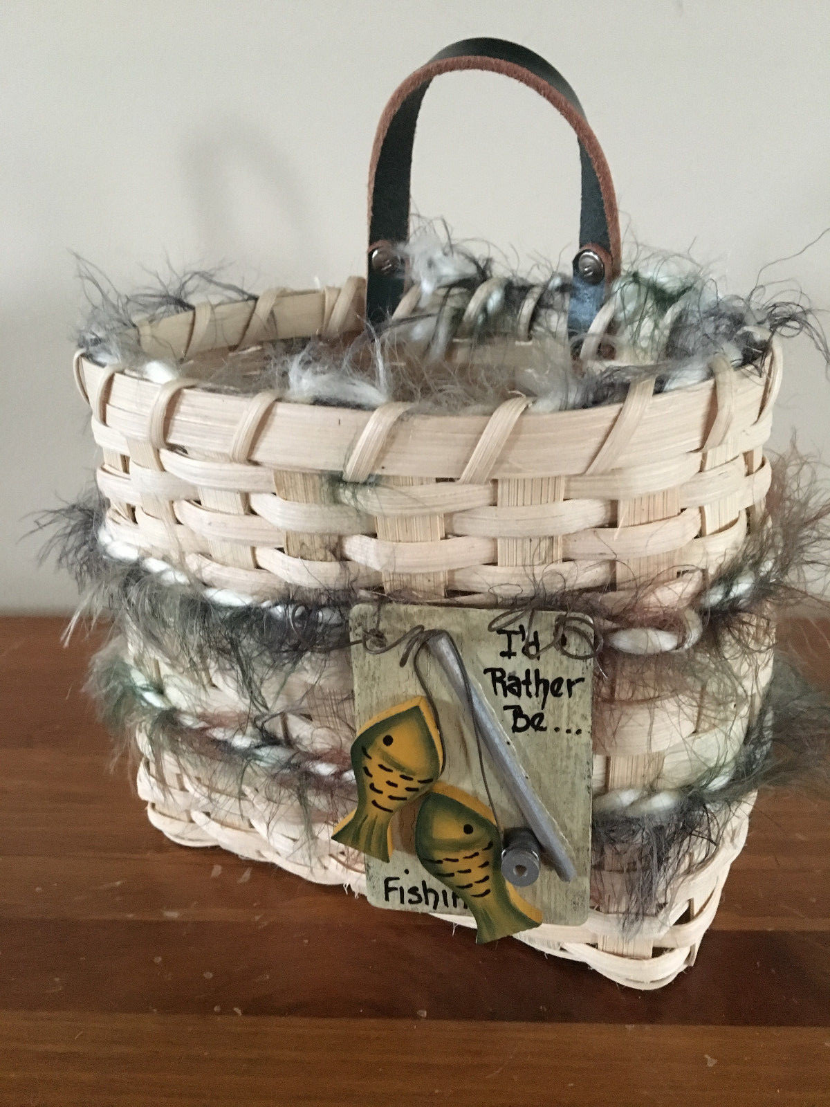New Handwoven Basket I'd Rather Be Fishing Reed String Mail Pouch Handle Leather