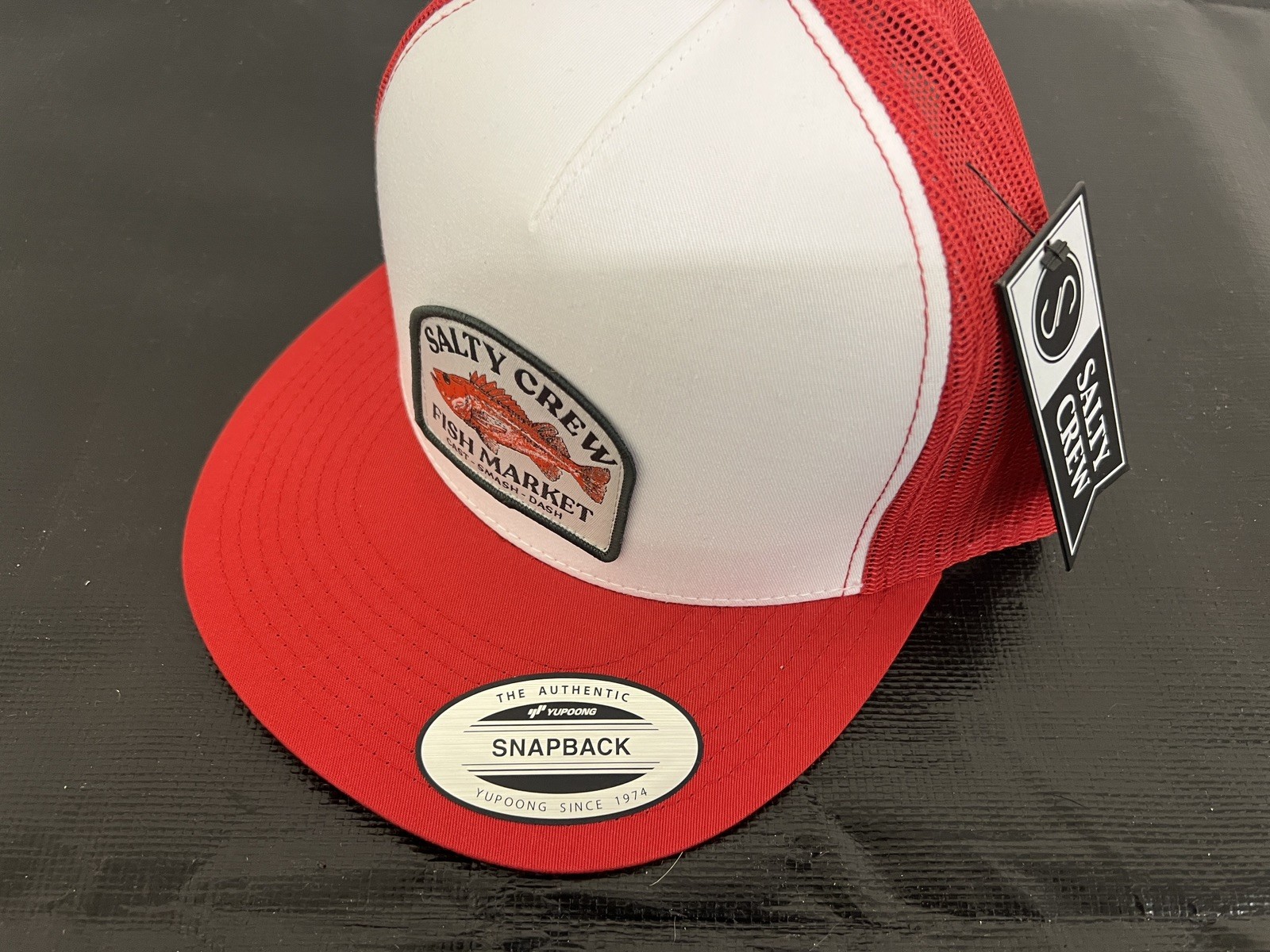 SALTY CREW Fish Market Grouper Hat Cap Mesh SnapBack Flat Brim Red White NEW