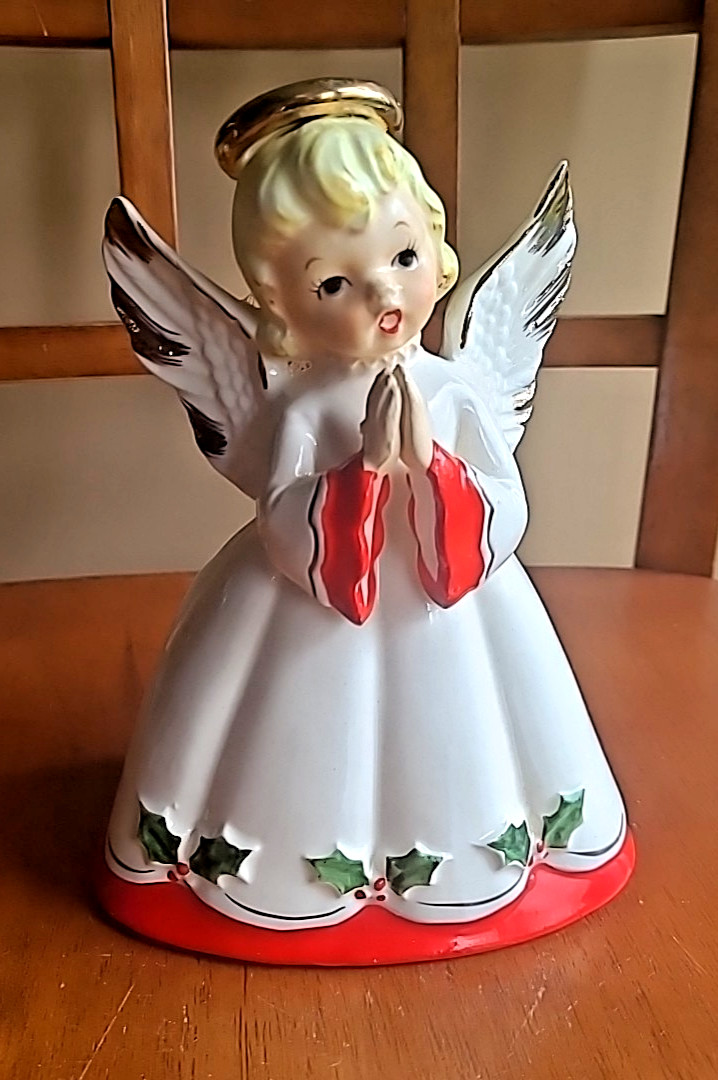 Norcrest Japan Christmas Angel Planter Vase X-178 Holly Leaves Praying Hands 7"