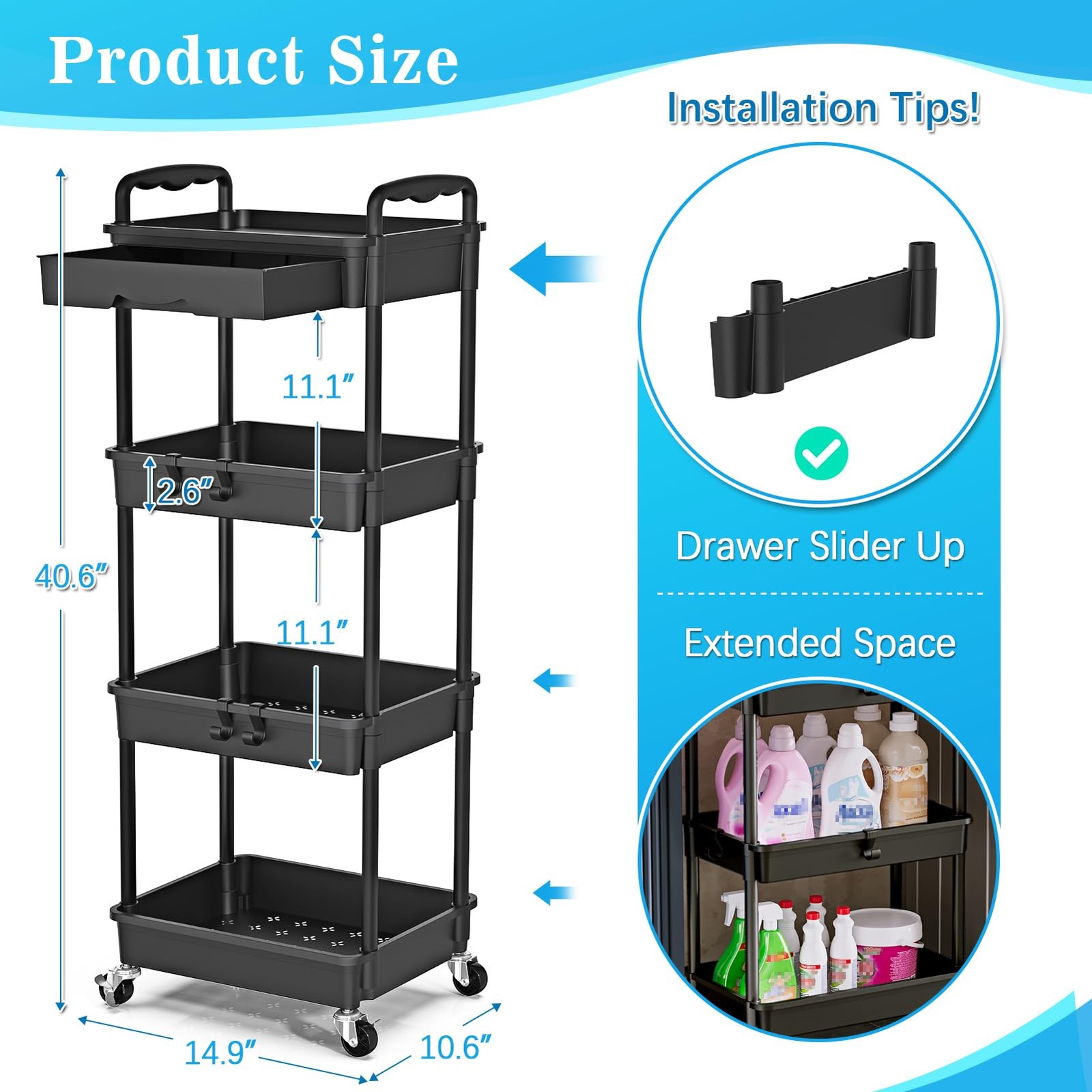 4 Tier Rolling Utility Cart with Drawer, Storage Organizer Cart with 2 Lockab...
