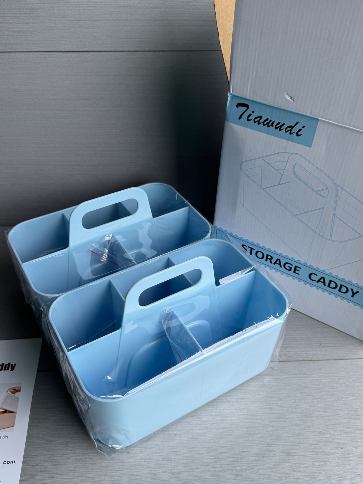 Tiawudi Storage Caddy 2pc Set Light Blue Plastic Removable Divider Stackable