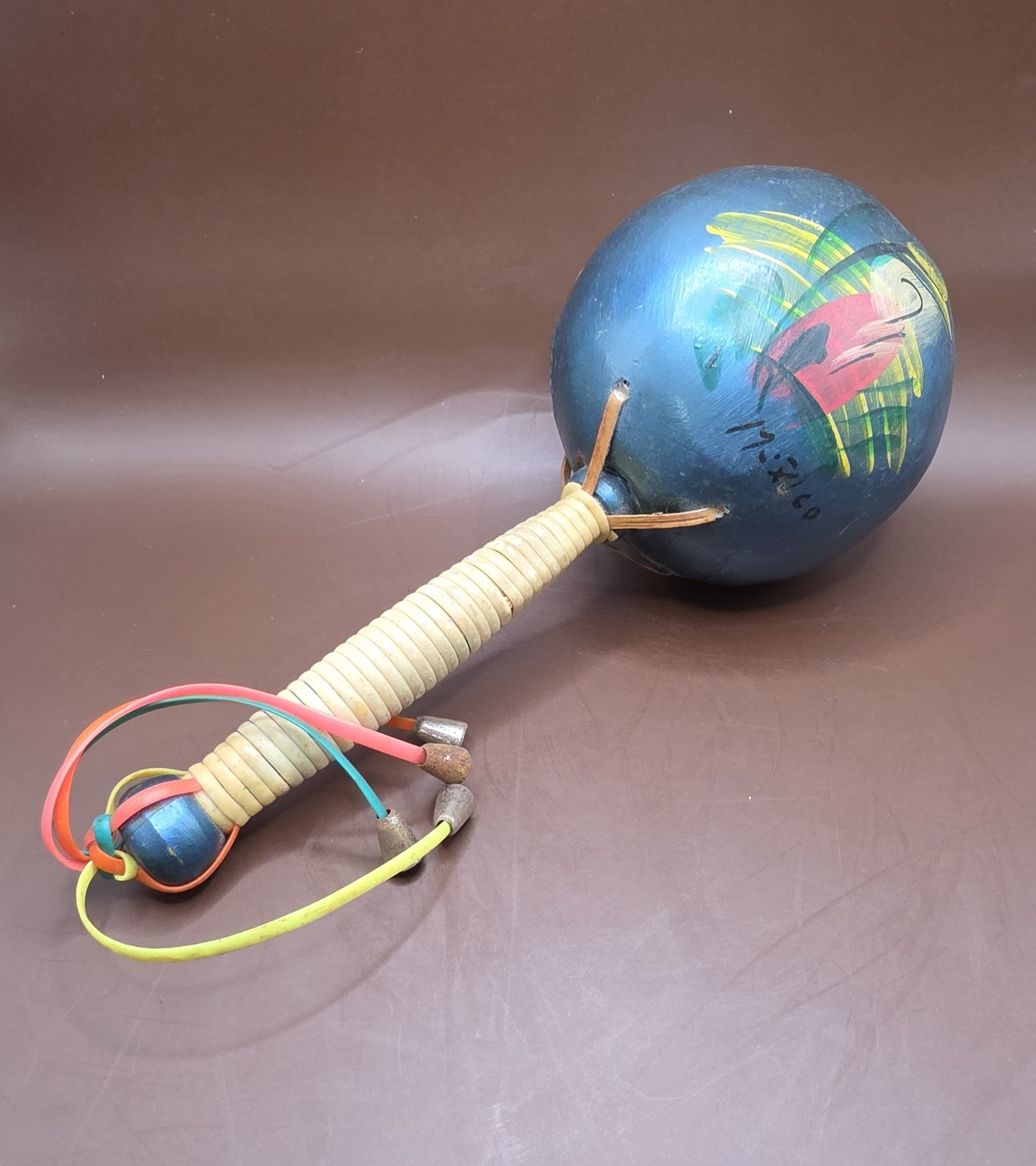 Vintage Mexican Maraca Shaker Wood Hand Painted Mexican Folk Art. Collectible