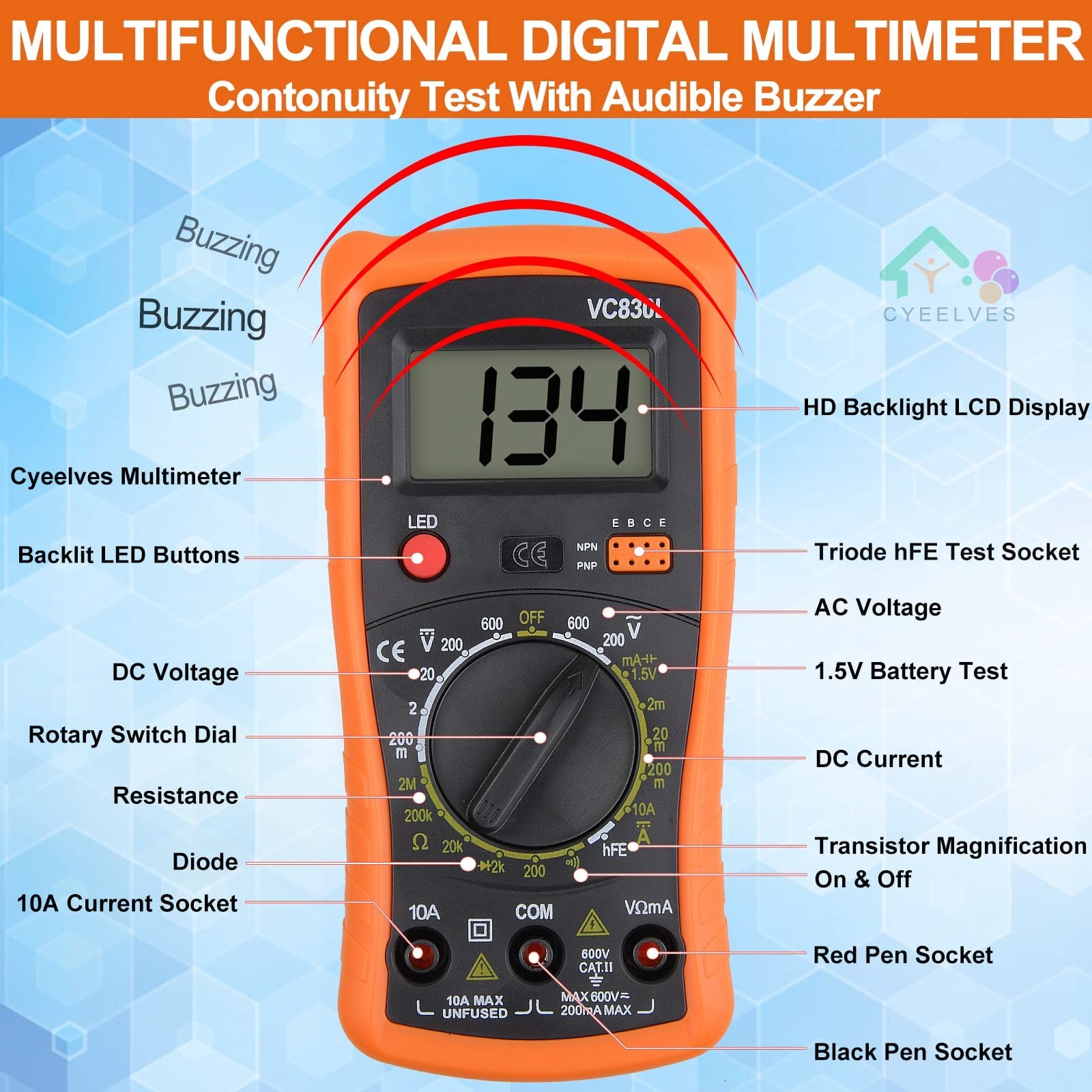 Cyeelves Digital Multimeter, Multimeter AC DC Voltmeter & Ohm Volt Amp Tester