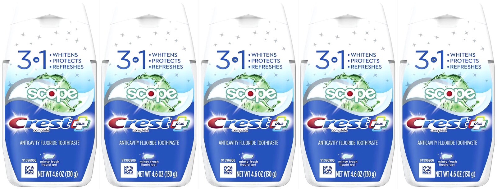 5-Pack: Crest Complete Plus Scope 3 in 1 Toothpaste Minty Fresh Liquid Gel 4.6oz