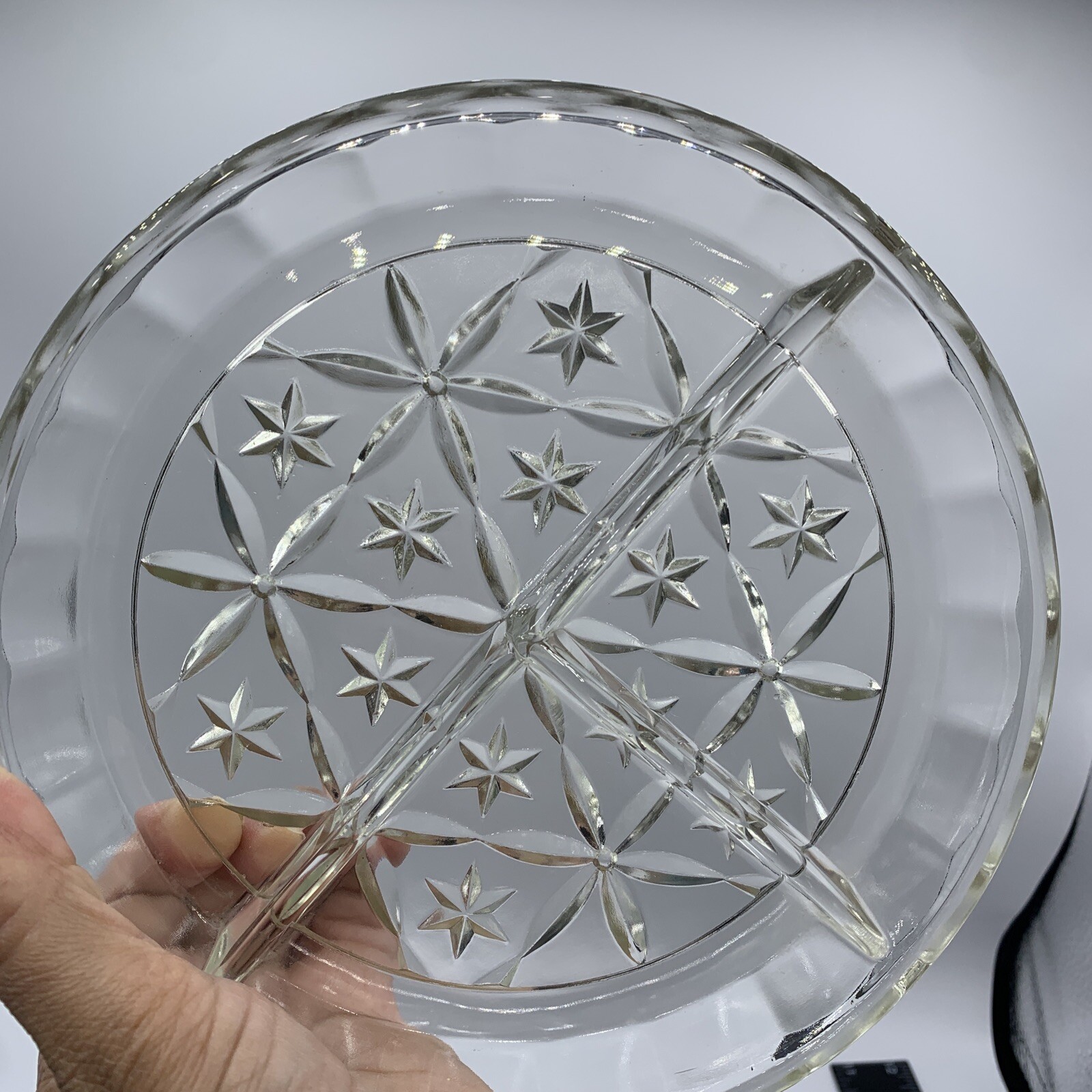 Vintage Three Part Divided Relish Dish, nut dish Star Pattern