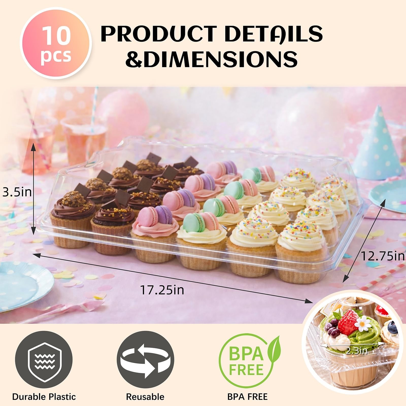 WIKDAY Plastic Cupcake Containers with Liners, 24 Count x 10 Sets | Clear Cup...