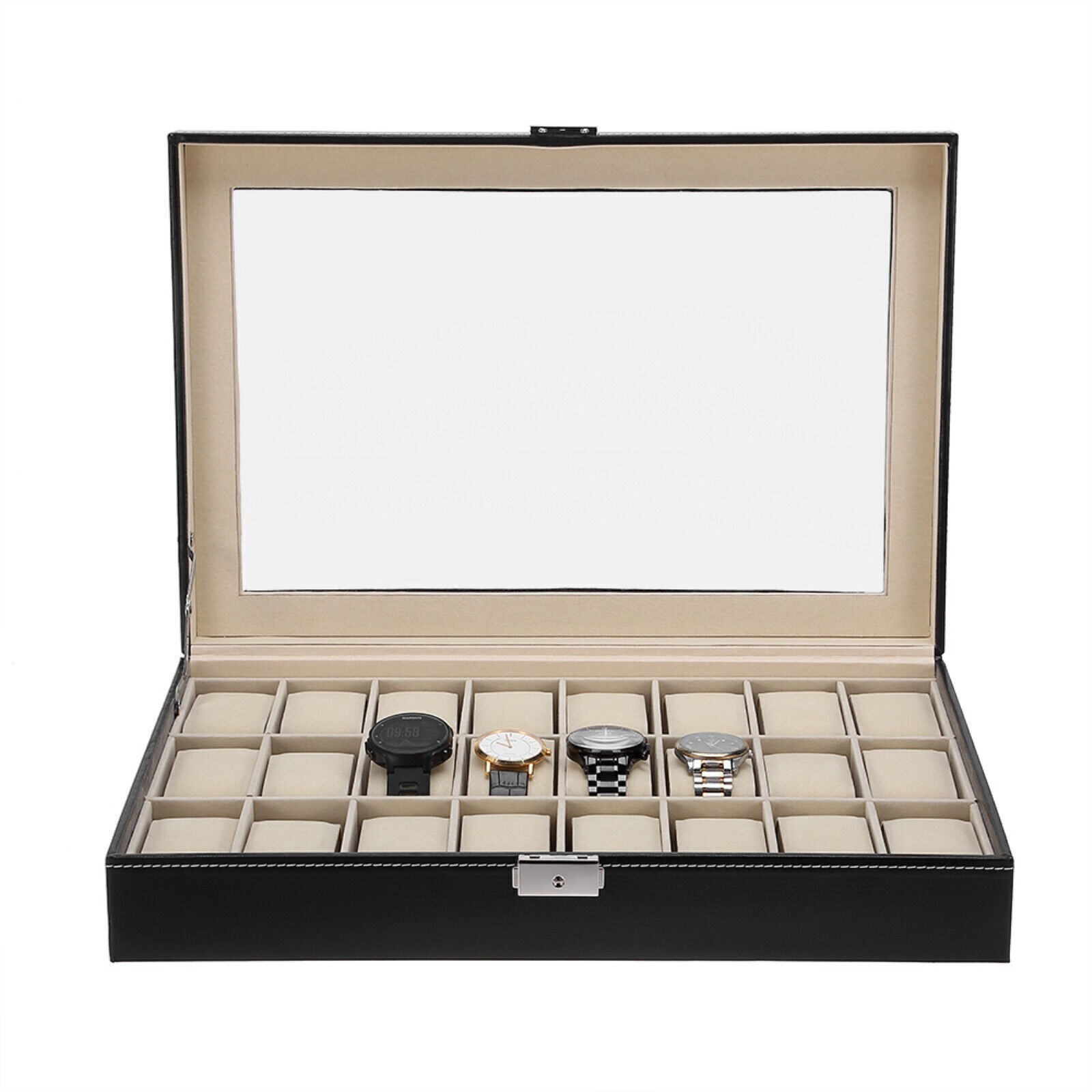 24 Slots Watch Box PU Leather Watch Case Organizer Watch Display Case Lockable A