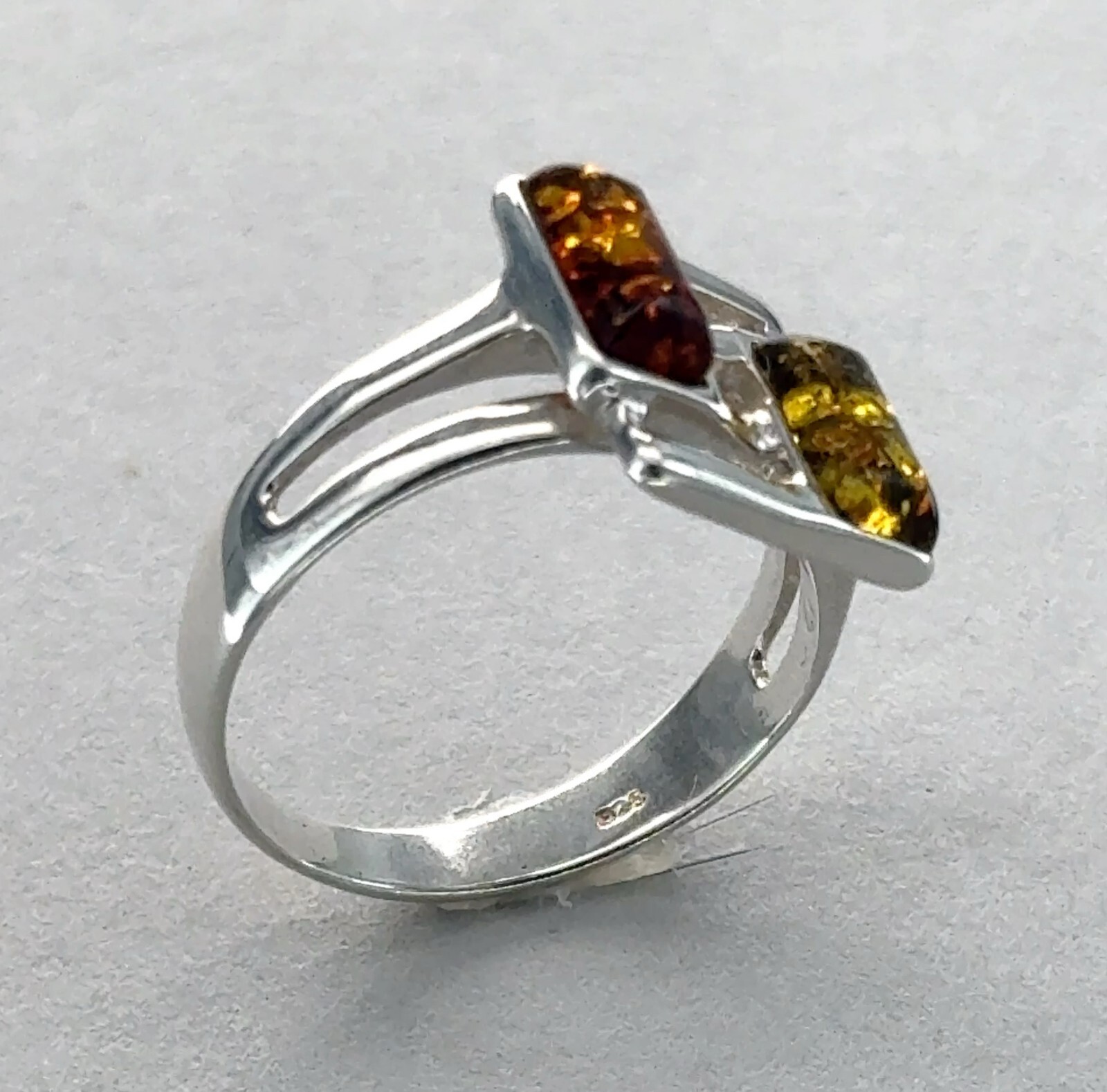 Twin Multi-Color Square Rectangle BALTIC AMBER Ring - 925 STERLING SILVER #36e