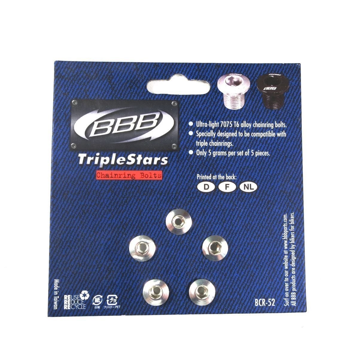 New set of 5 Aluminum 7075 Chainring Bolts Silver Fronts BBB BCR-52 Triplestars