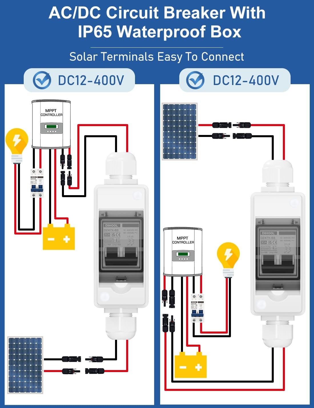 Non-Polarized 30 Amp Waterproof Circuit Breaker for Solar & EV Charging Systems