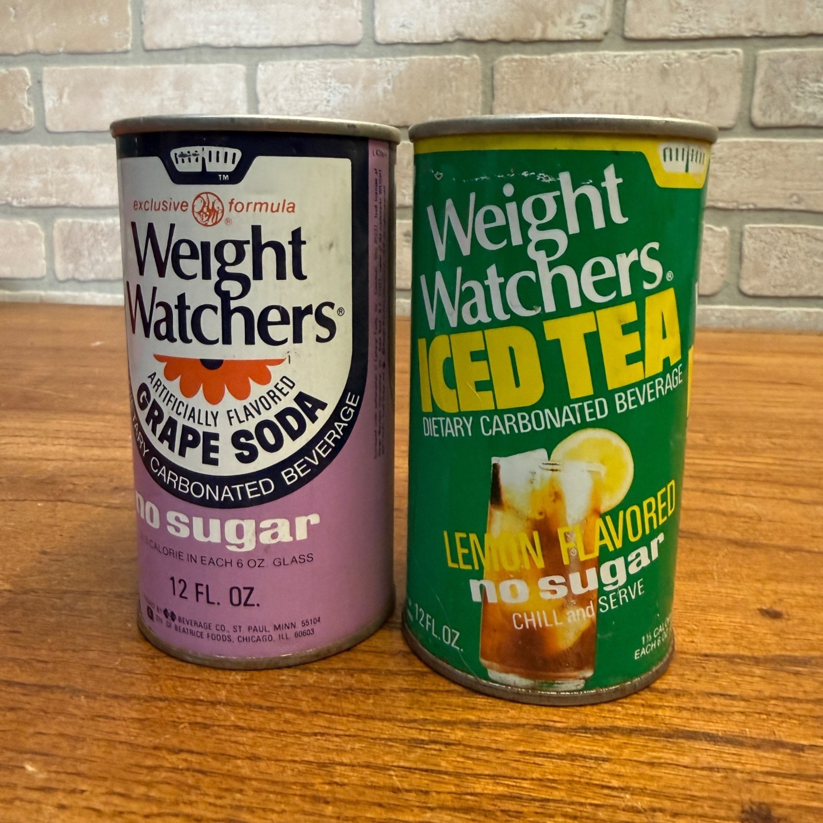 Vintage 1970s Weight Watchers Grape Soda & Ice Tea Pull Tab Straight Soda Can