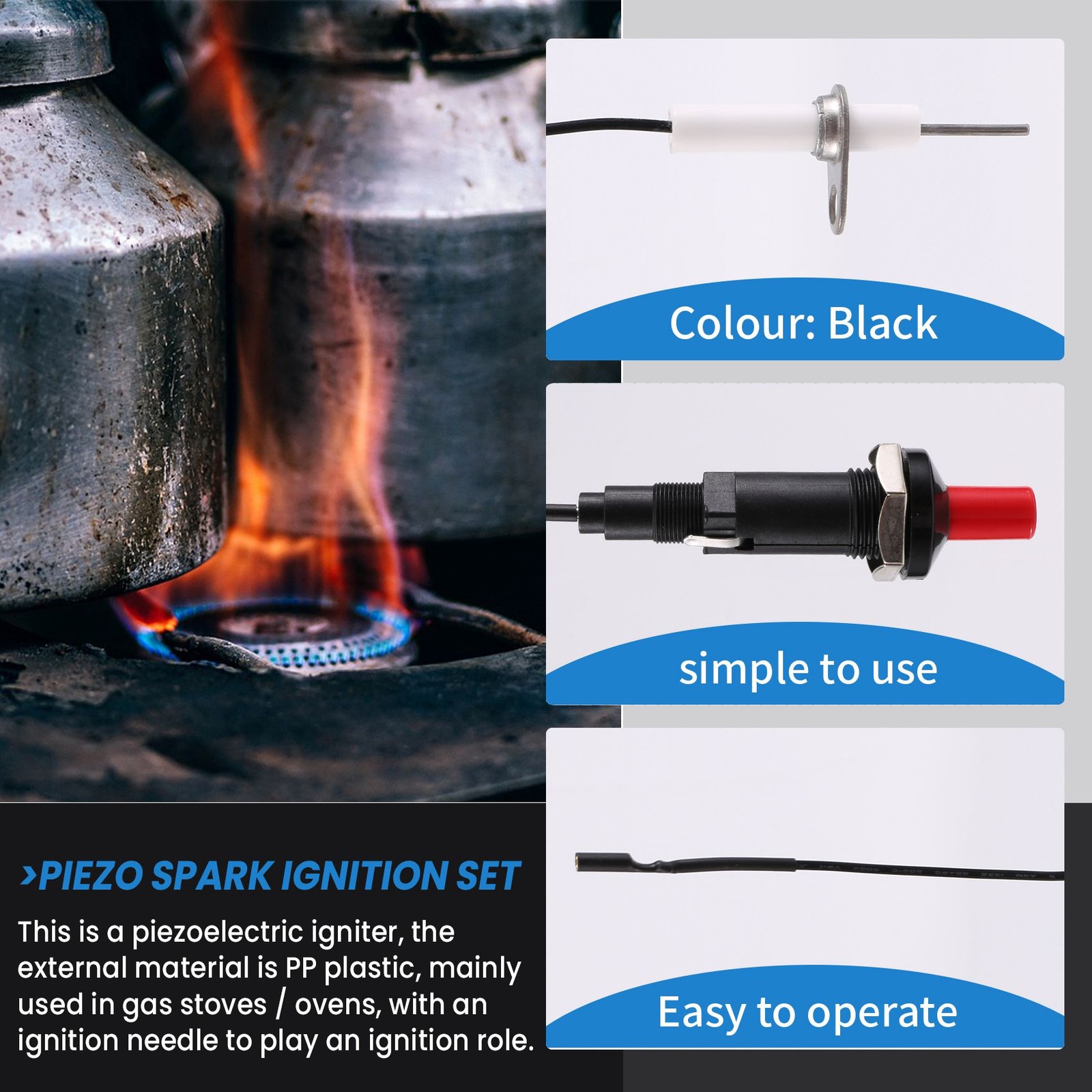 Piezo Ignition Set With Cable 1000Mm Long Push Button Kitchen For9978