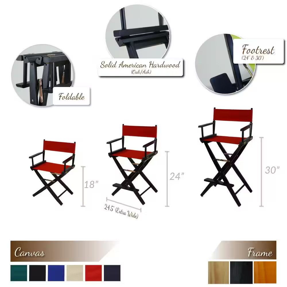 18 In. Seat Height Extra-Wide Natural Frame/Red Canvas New, Solid Wood Folding C