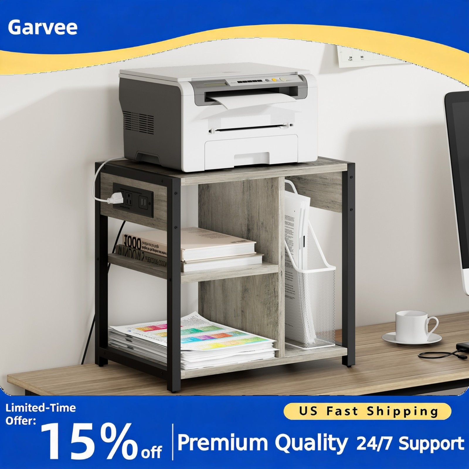 Under Desk Printer Stand with Power Outlets Mobile Storage Cart for Home Office