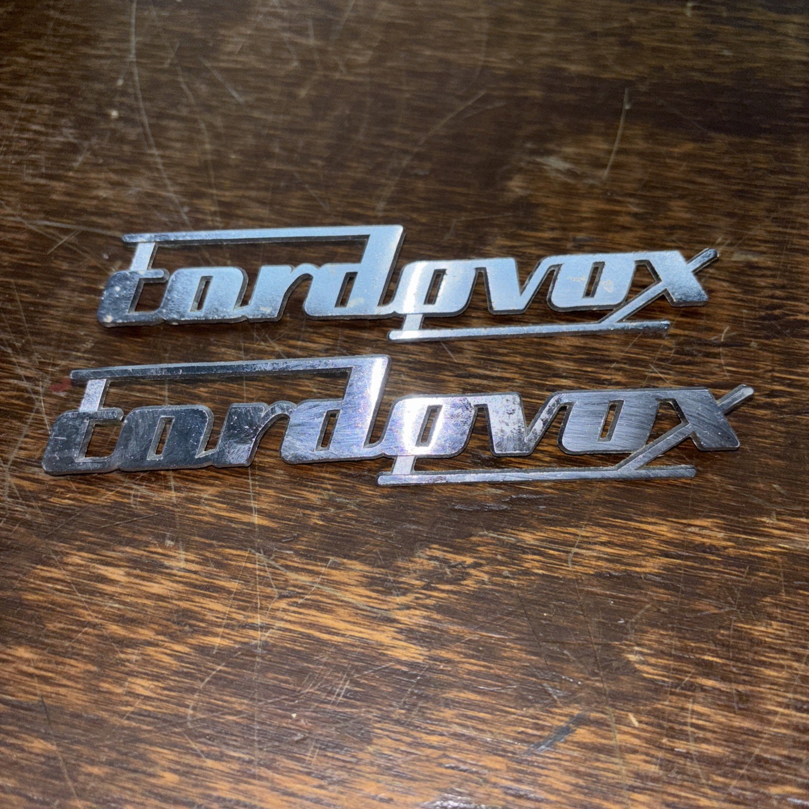 Cordovox Tube Amp Aluminum Badges Logos Guitar Accordion - PAIR - Fair Condition